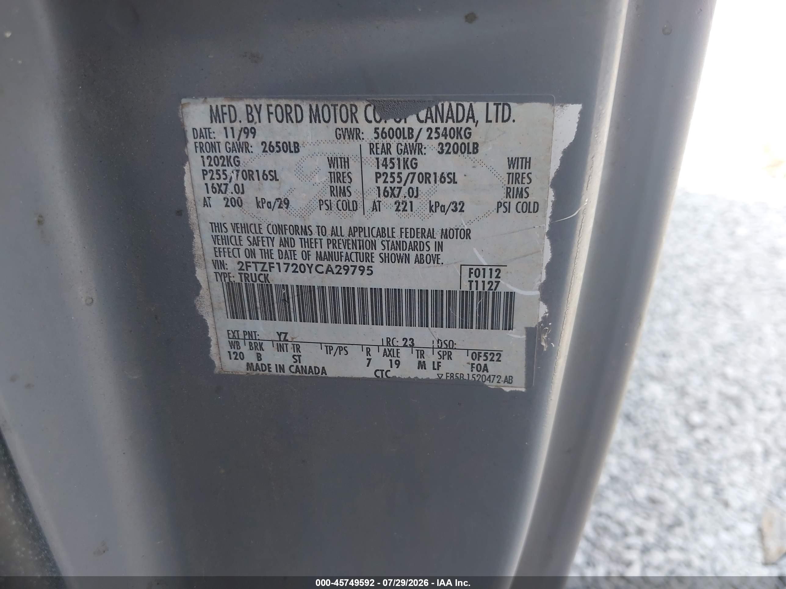 2000 Ford F-150 Work Series/xl/xlt Gray vin: 2FTZF1720YCA29795