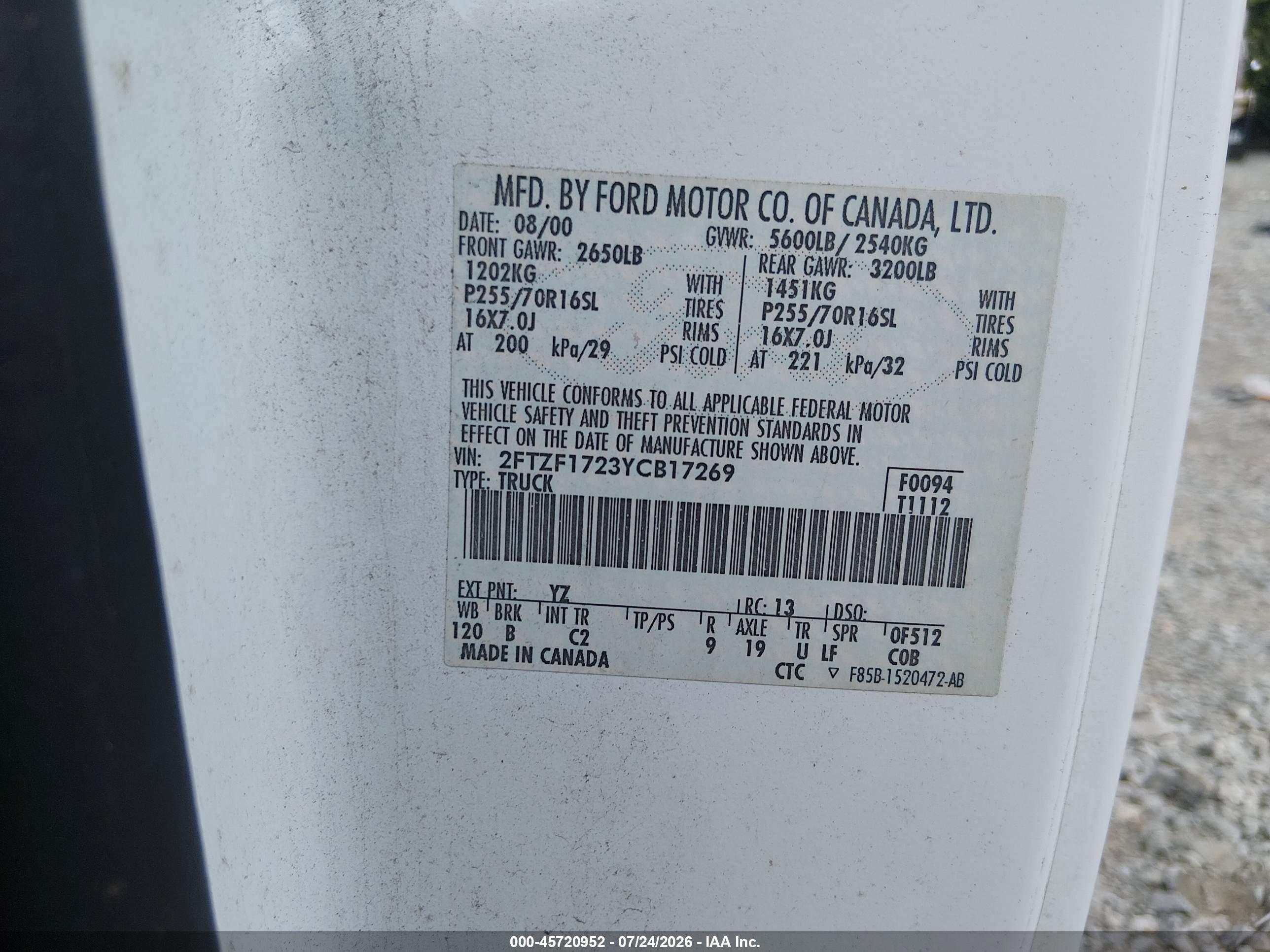 2000 Ford F-150 Work Series/xl/xlt White vin: 2FTZF1723YCB17269