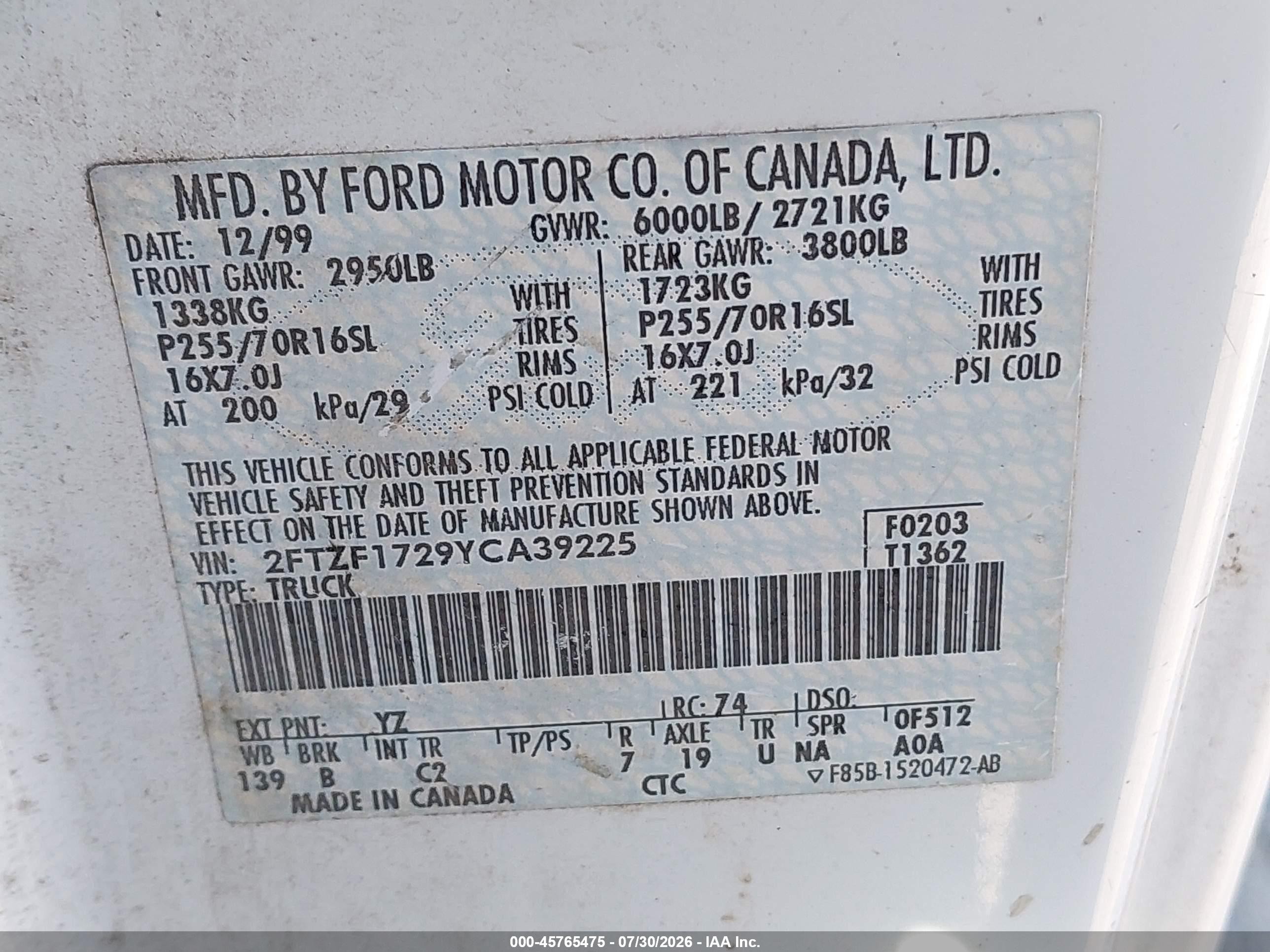 2000 Ford F-150 Work Series/xl/xlt Белый vin: 2FTZF1729YCA39225