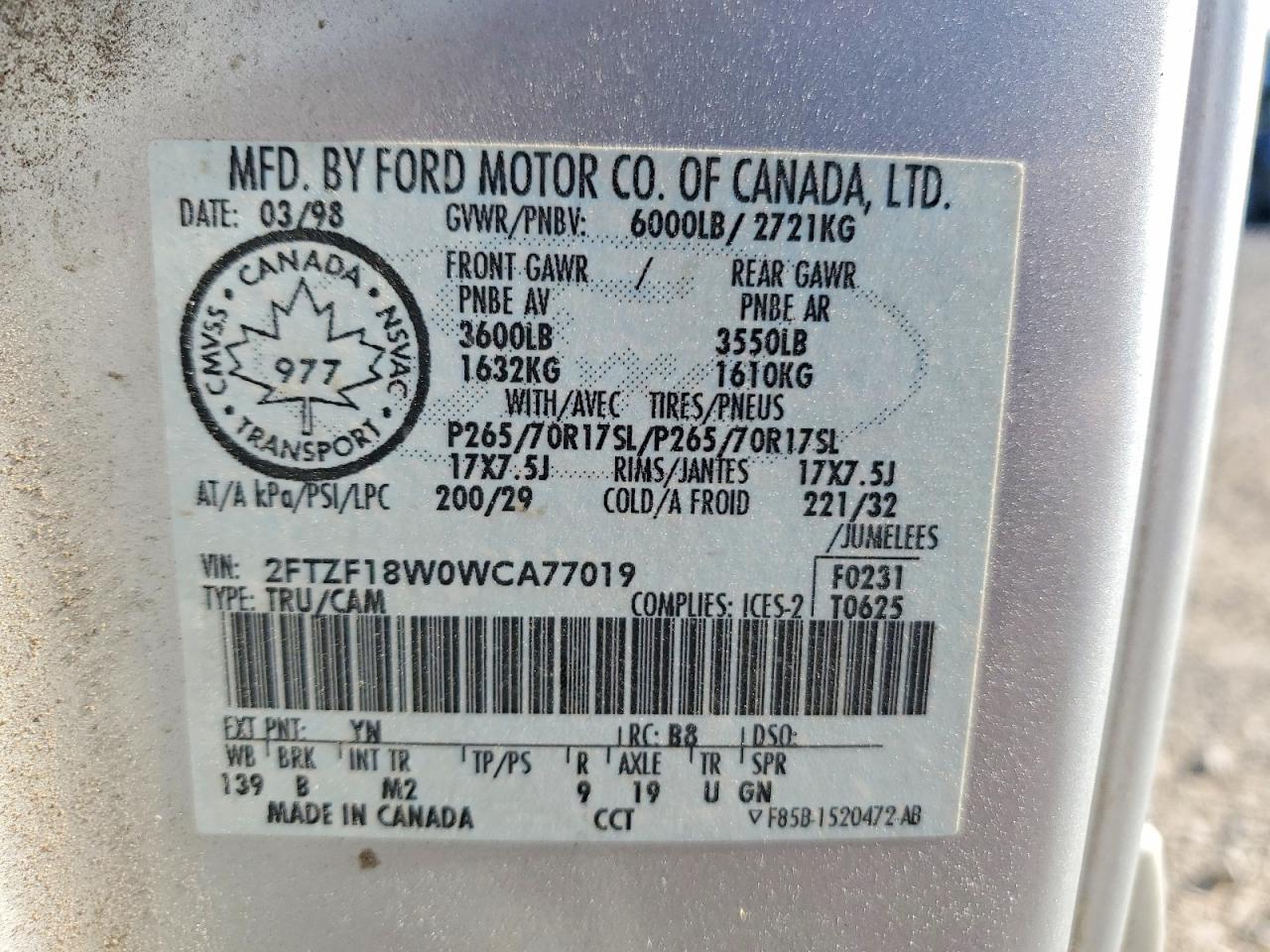 1998 Ford F150 Silver vin: 2FTZF18W0WCA77019