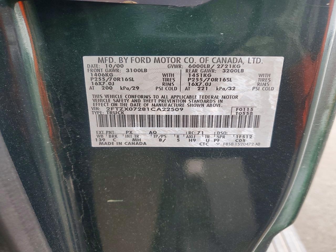 2001 Ford F150 Green vin: 2FTZX07281CA22509