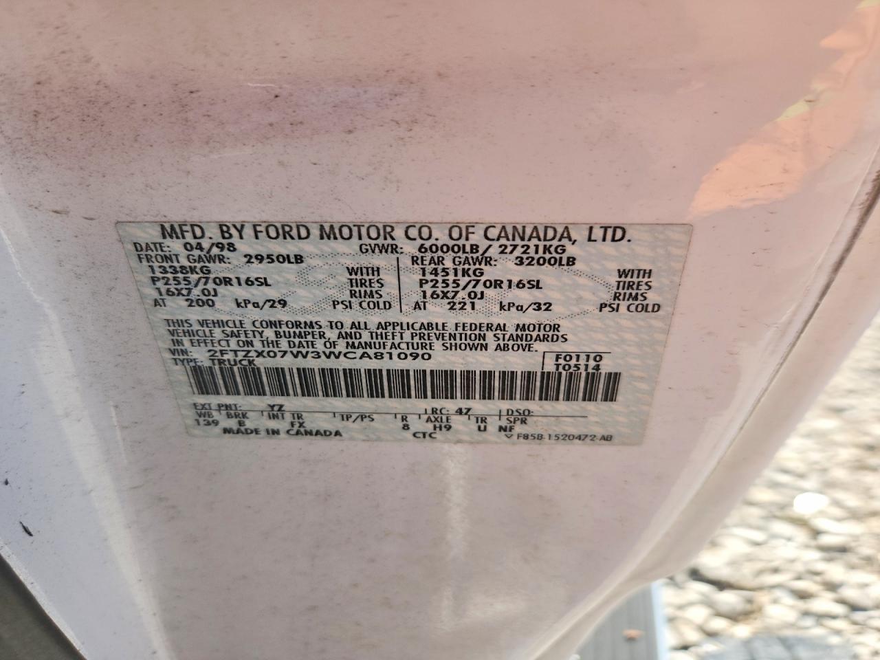 1998 Ford F150 White vin: 2FTZX07W3WCA81090