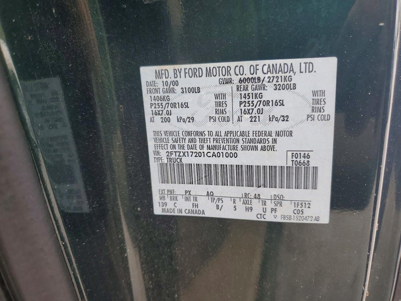 2001 Ford F150 Green vin: 2FTZX17201CA01000