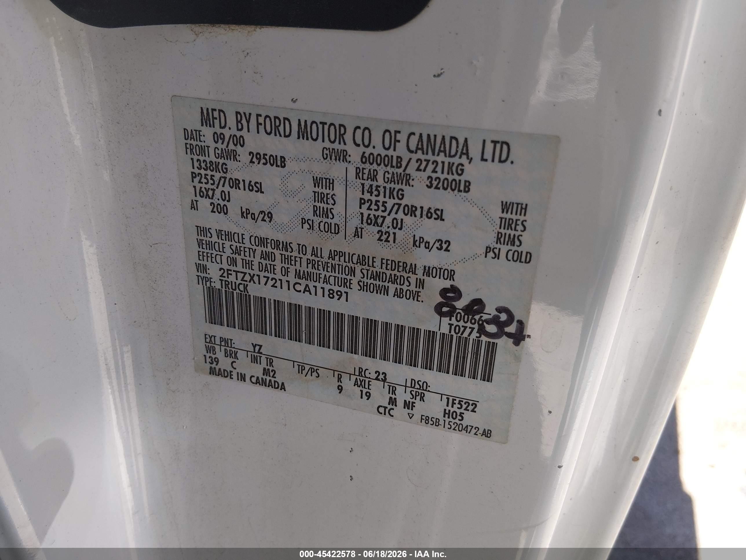 2001 Ford F-150 Xl/xlt White vin: 2FTZX17211CA11891