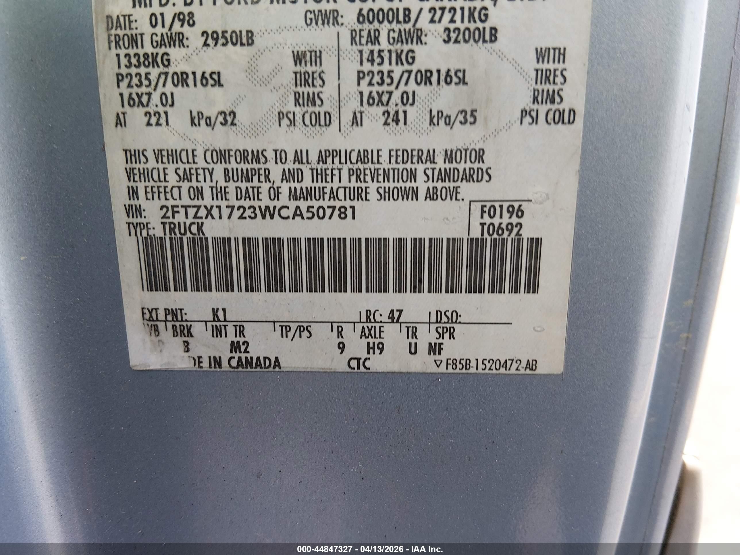 1998 Ford F-150 Standard/xl/xlt Blue vin: 2FTZX1723WCA50781