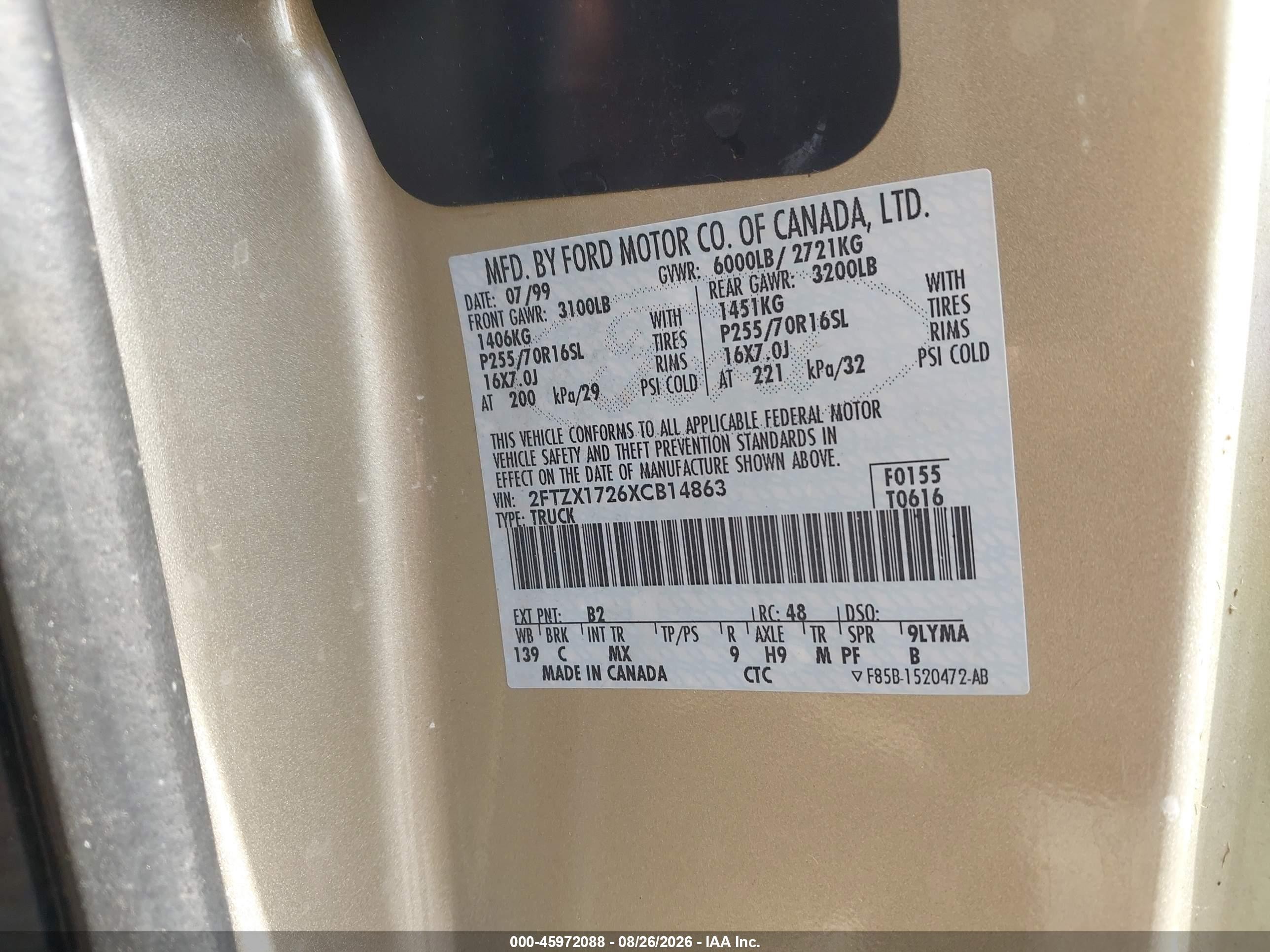 1999 Ford F-150 Work Series/xl/xlt Gold vin: 2FTZX1726XCB14863