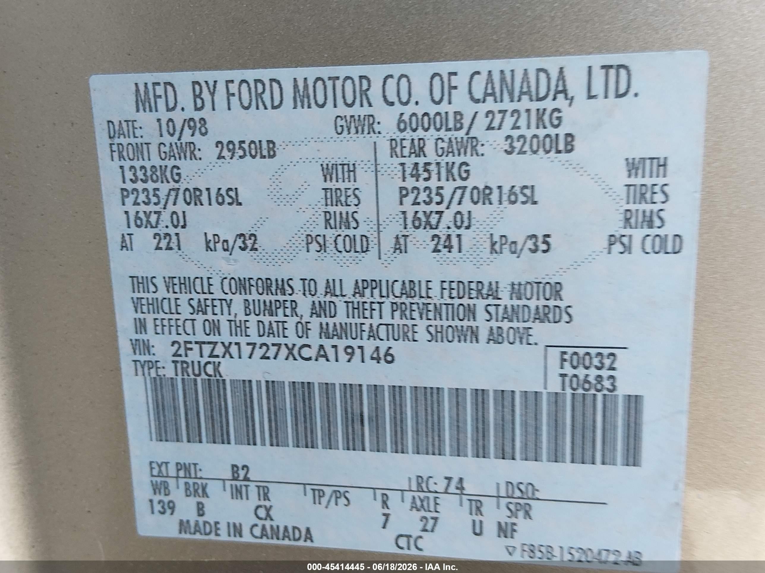 1999 Ford F-150 Work Series/xl/xlt Tan vin: 2FTZX1727XCA19146