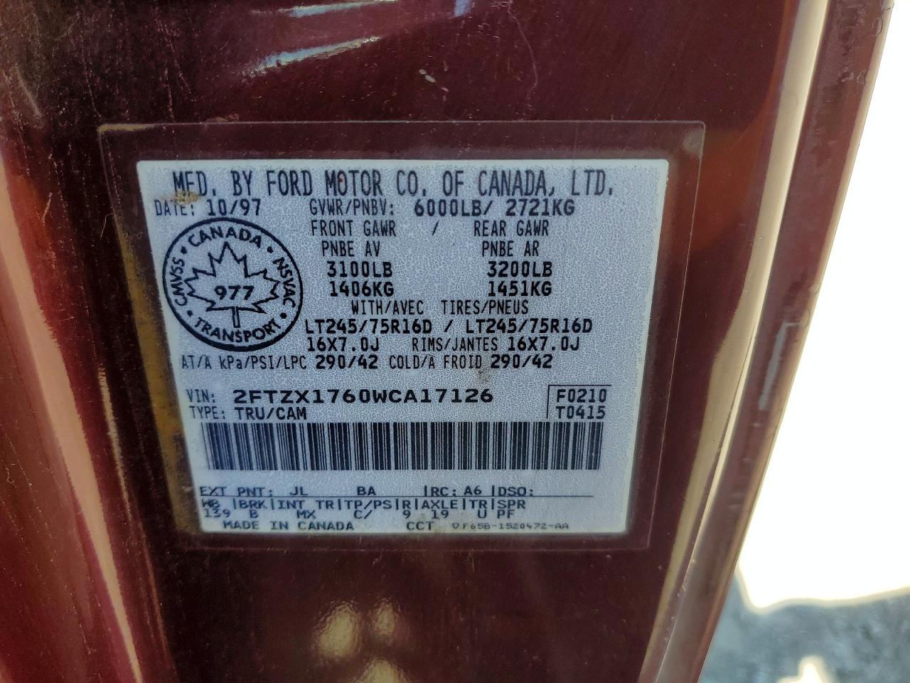 1998 Ford F150 Burgundy vin: 2FTZX1760WCA17126
