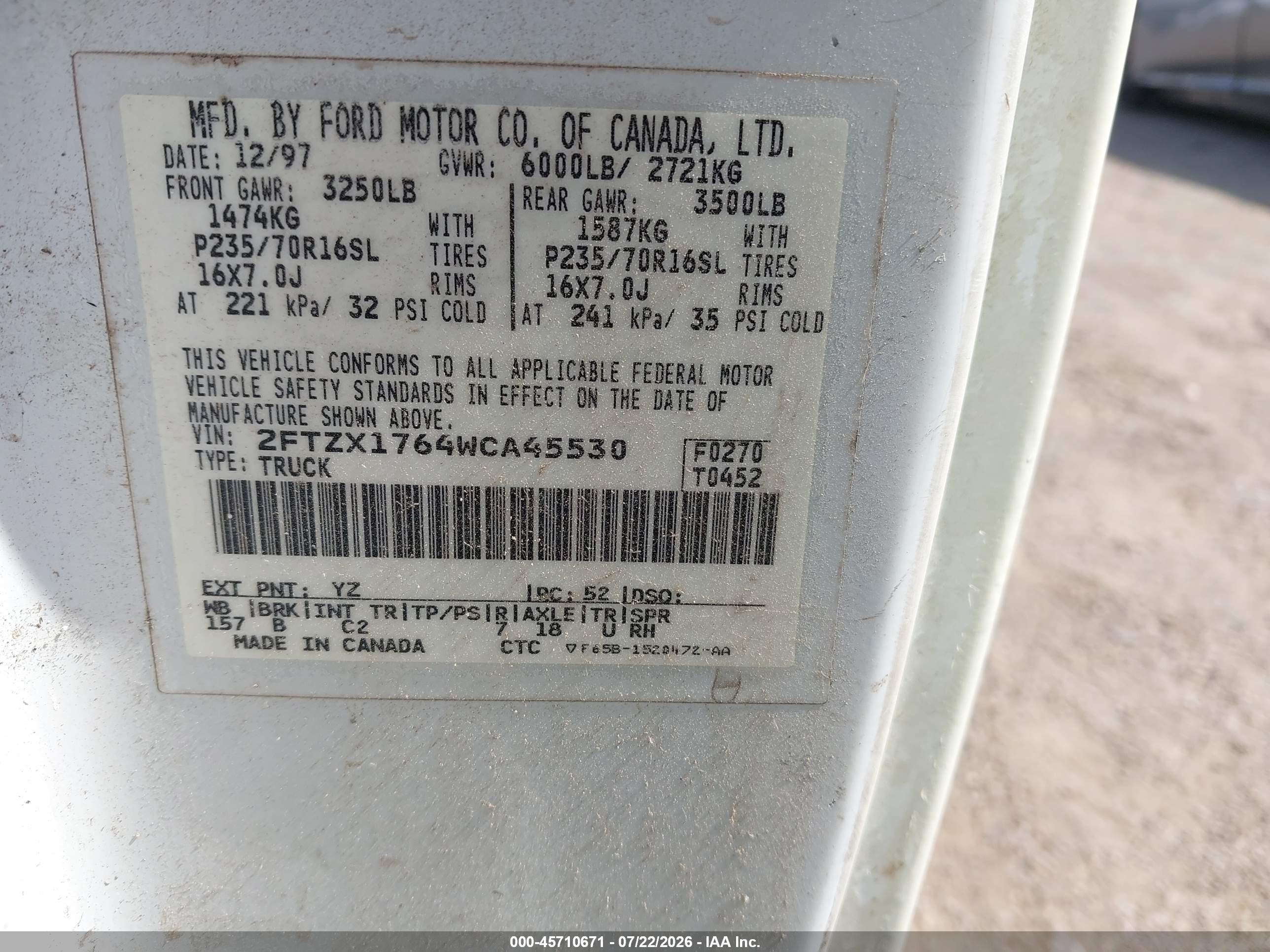 1998 Ford F-150 Lariat/standard/xl/xlt White vin: 2FTZX1764WCA45530