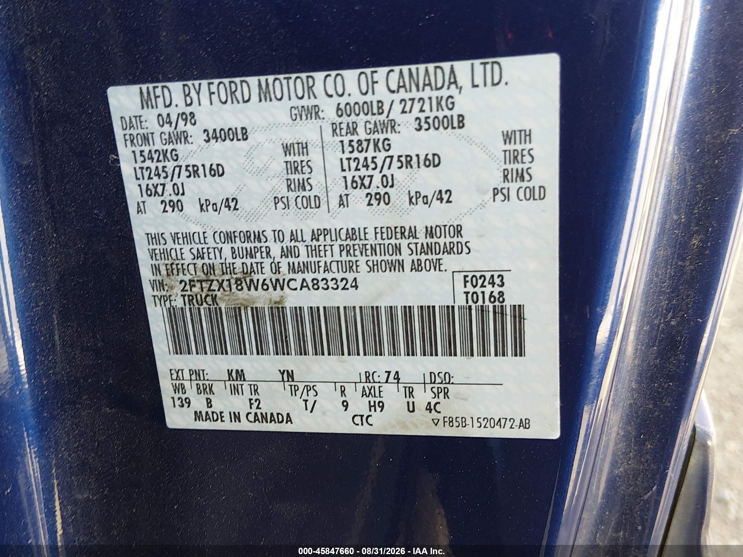 1998 Ford F-150 Lariat/standard/xl/xlt Blue vin: 2FTZX18W6WCA83324