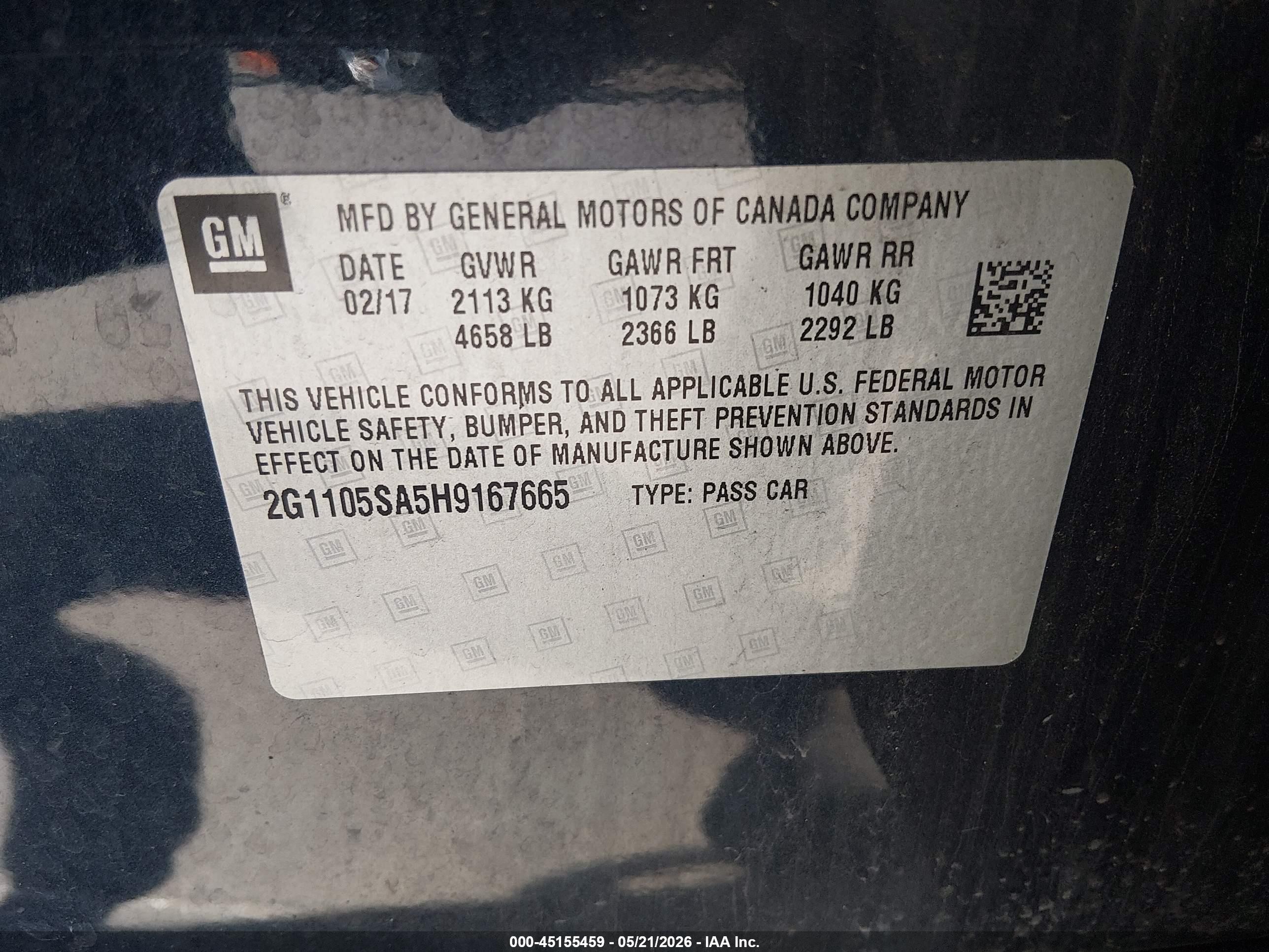 2017 Chevrolet Impala 1lt Blue vin: 2G1105SA5H9167665