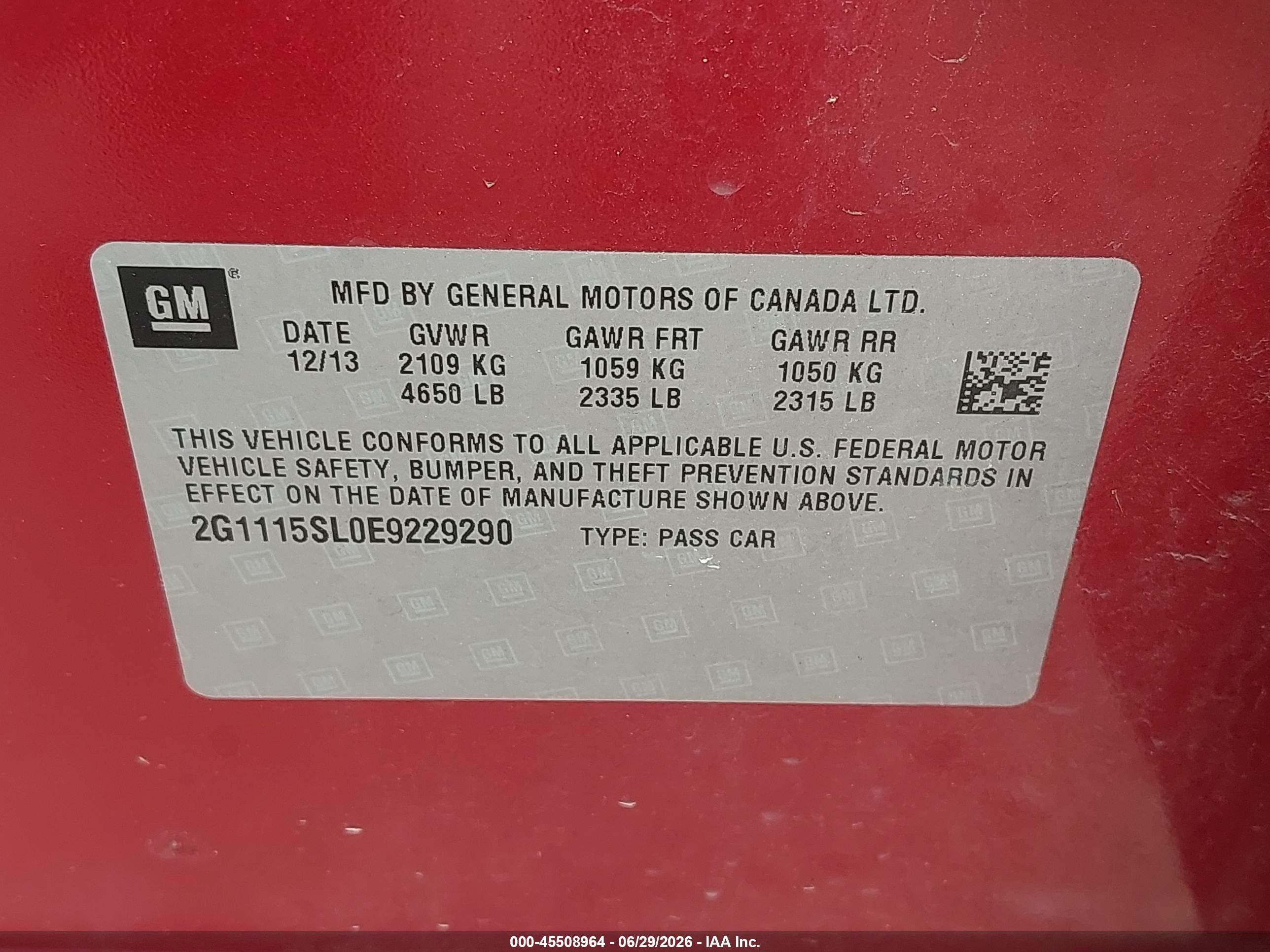 2014 Chevrolet Impala 1lt Red vin: 2G1115SL0E9229290