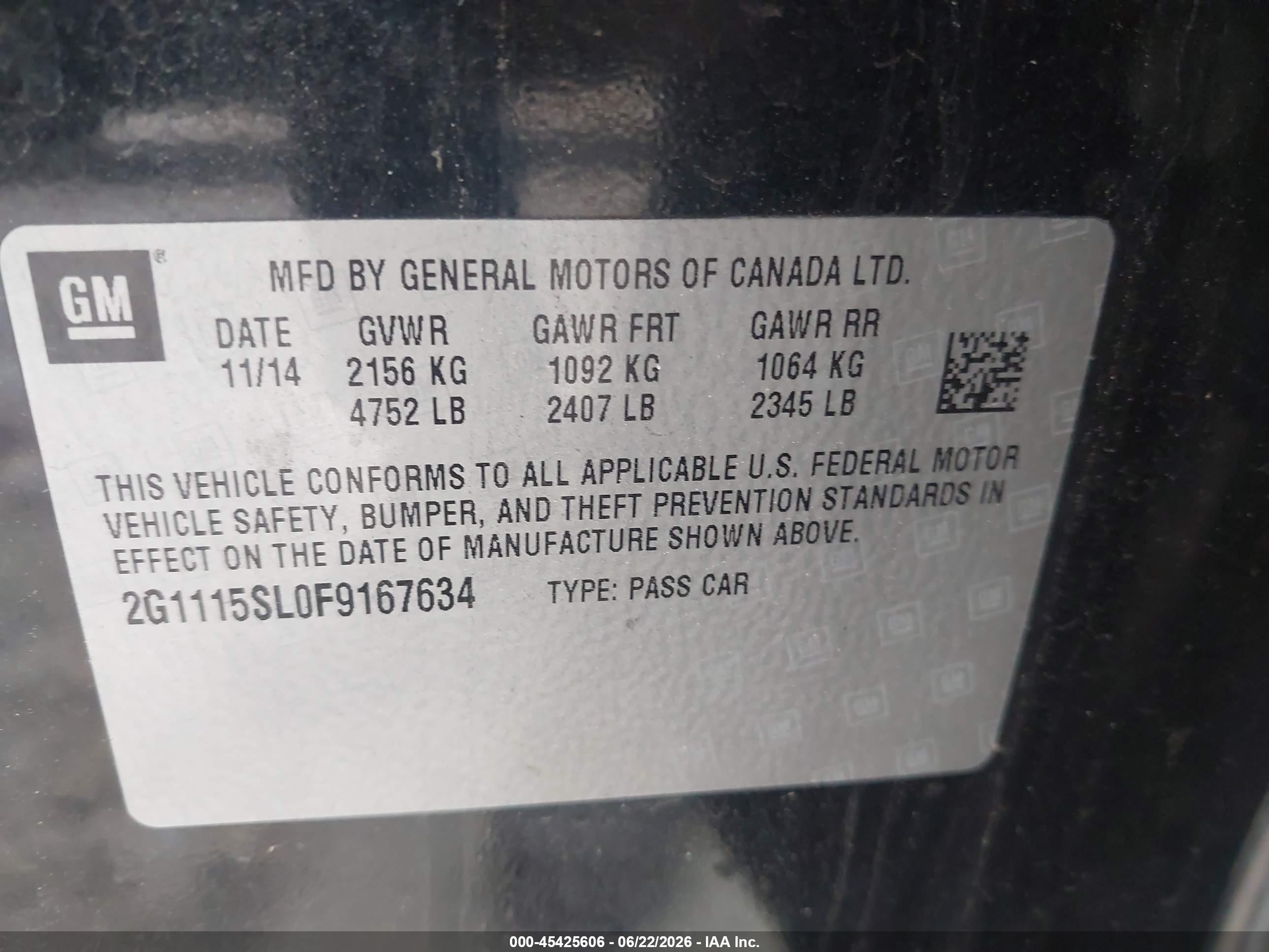 2015 Chevrolet Impala 1lt Черный vin: 2G1115SL0F9167634