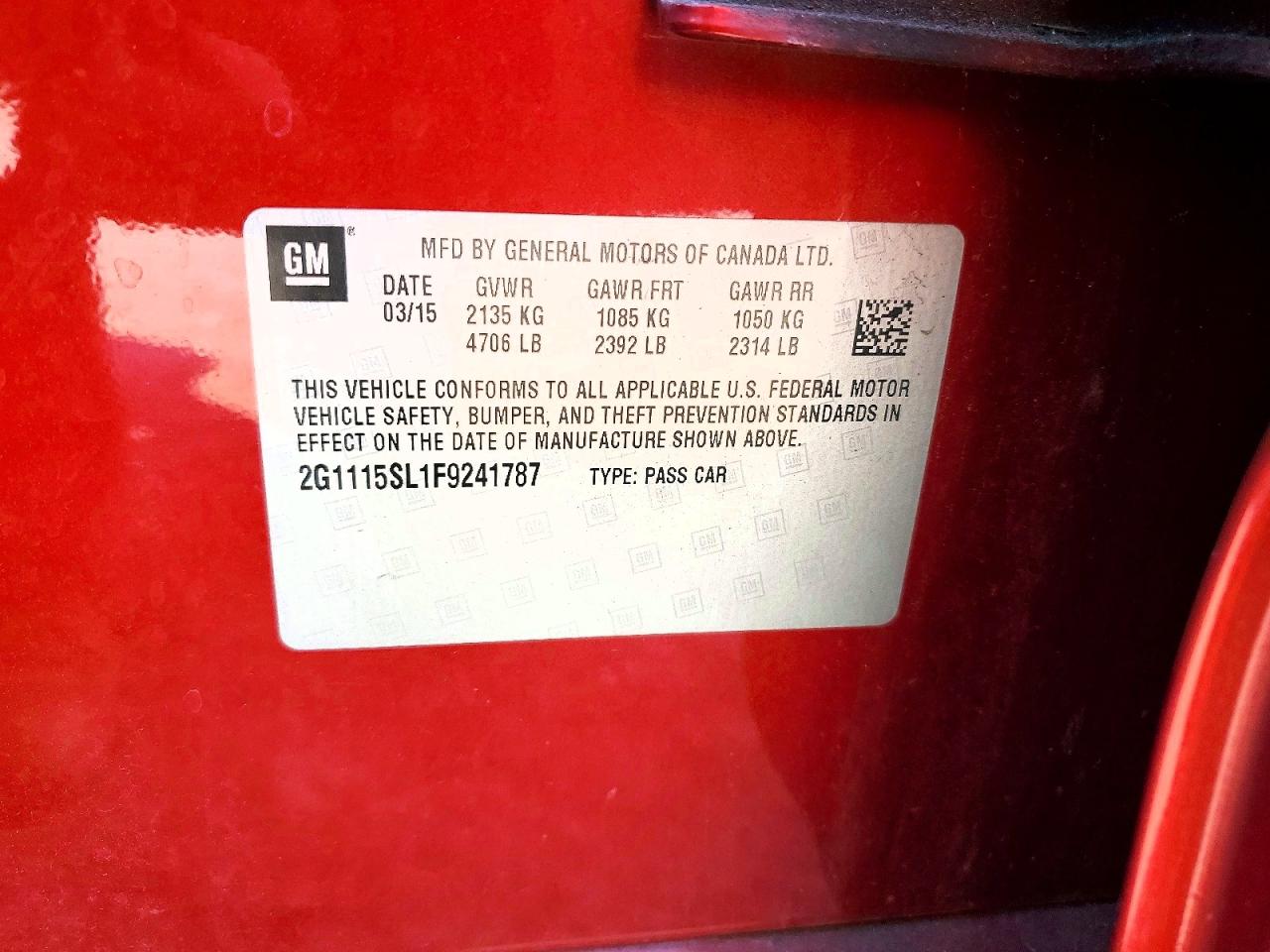 2015 Chevrolet Impala Lt Red vin: 2G1115SL1F9241787