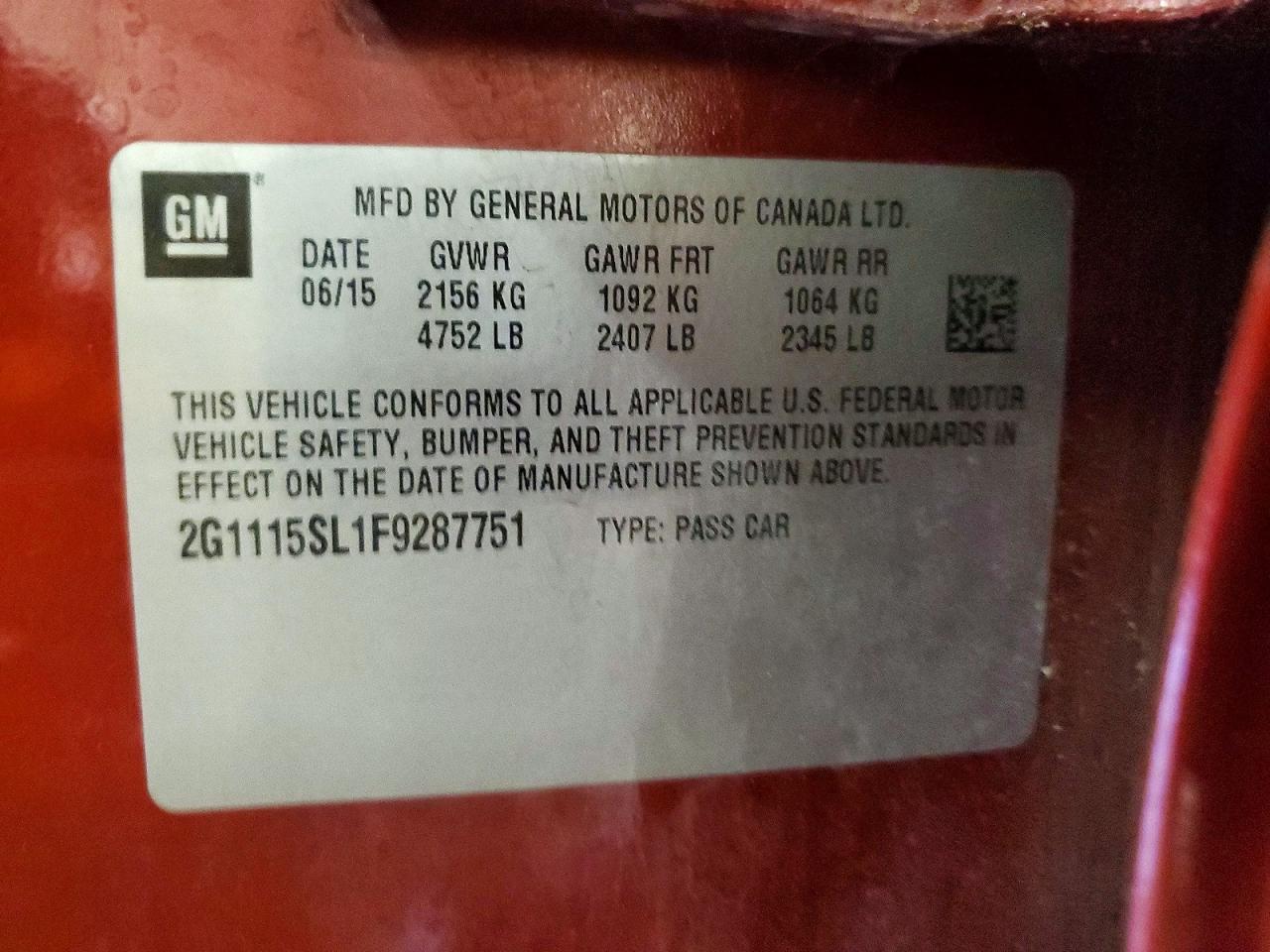 2015 Chevrolet Impala Lt Red vin: 2G1115SL1F9287751