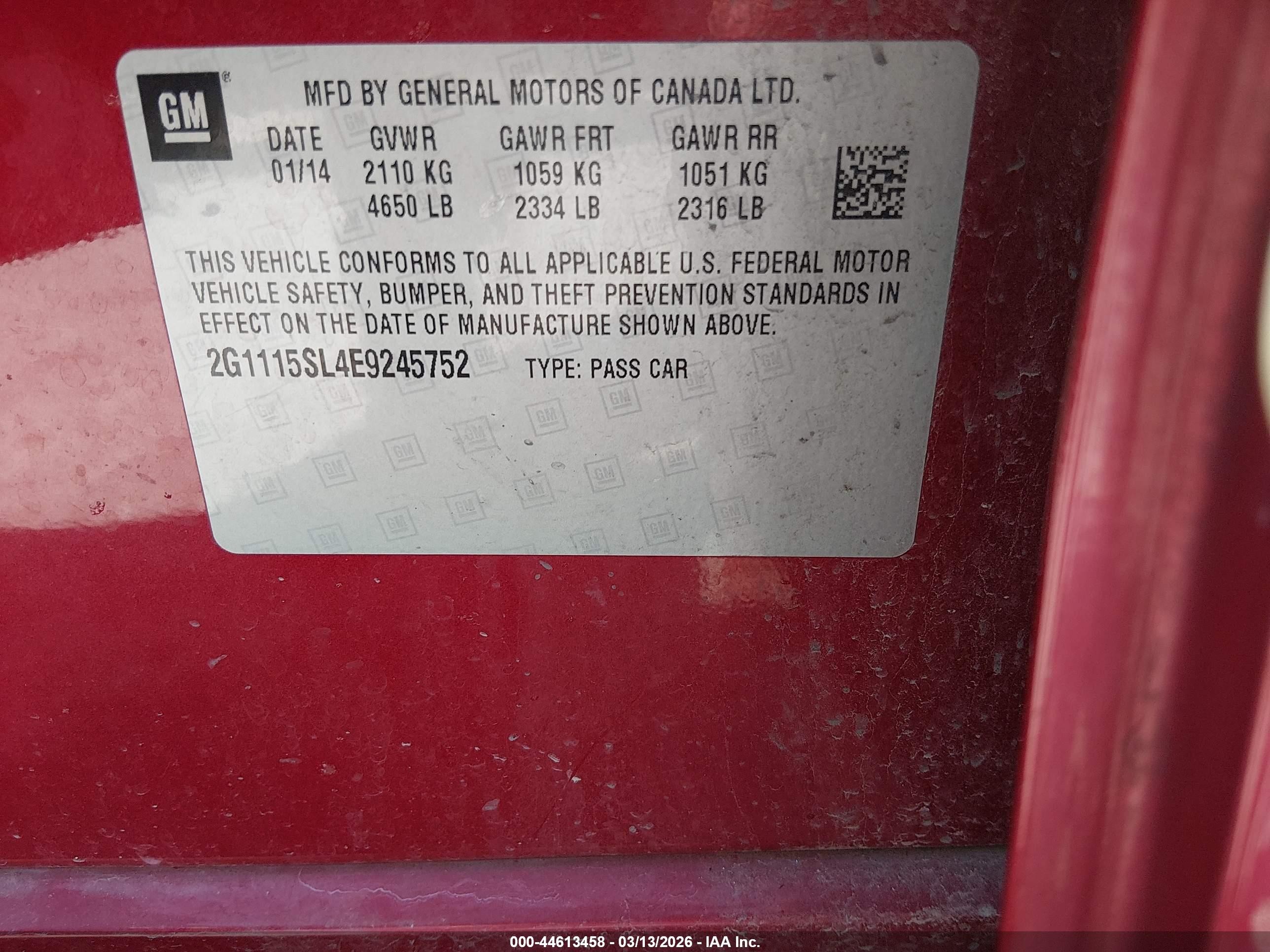 2014 Chevrolet Impala 1lt Red vin: 2G1115SL4E9245752