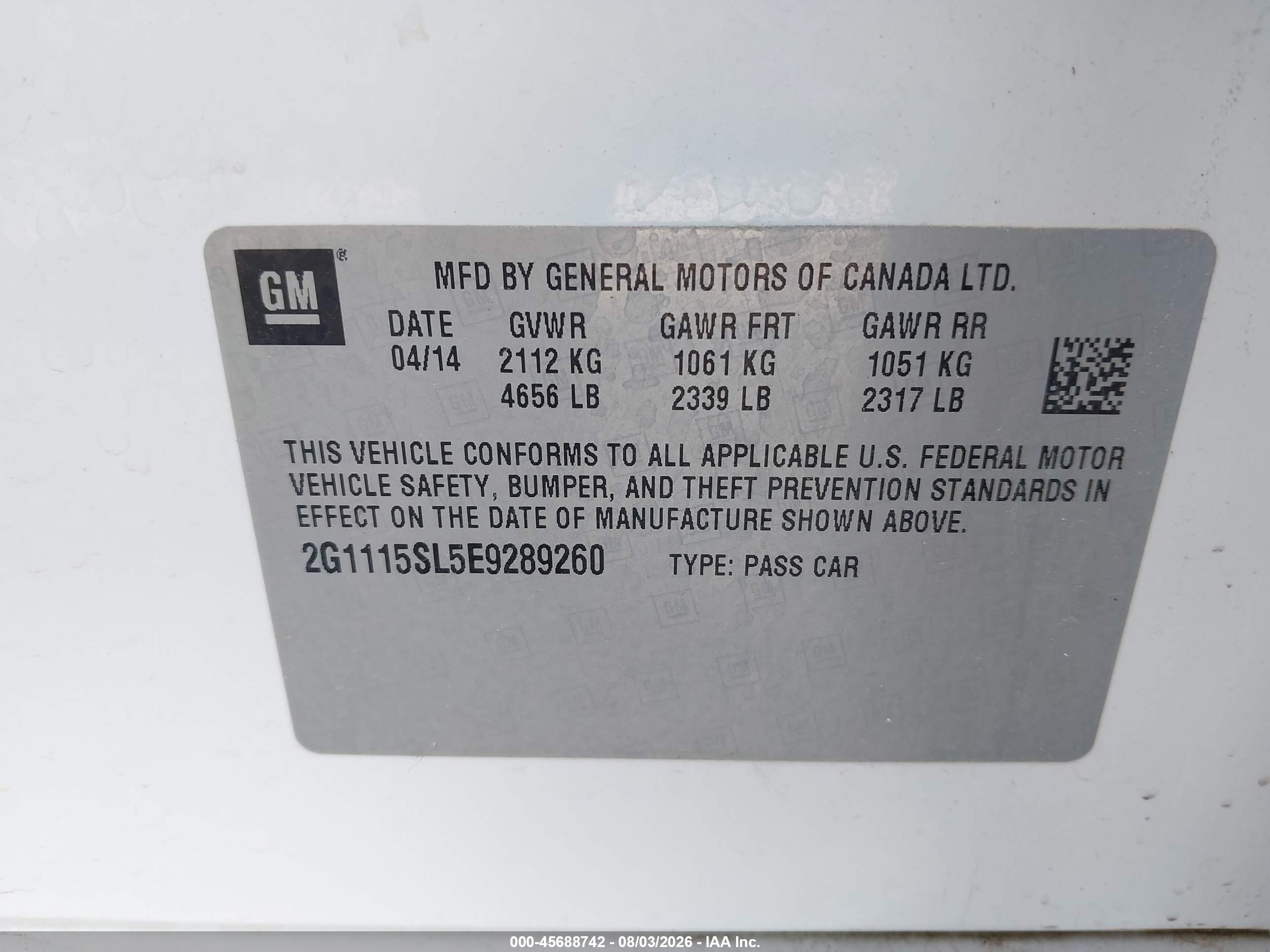 2014 Chevrolet Impala 1lt White vin: 2G1115SL5E9289260
