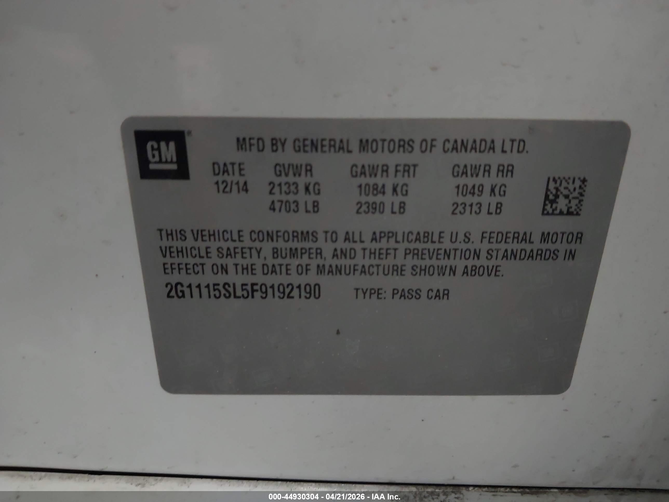 2015 Chevrolet Impala 1lt White vin: 2G1115SL5F9192190