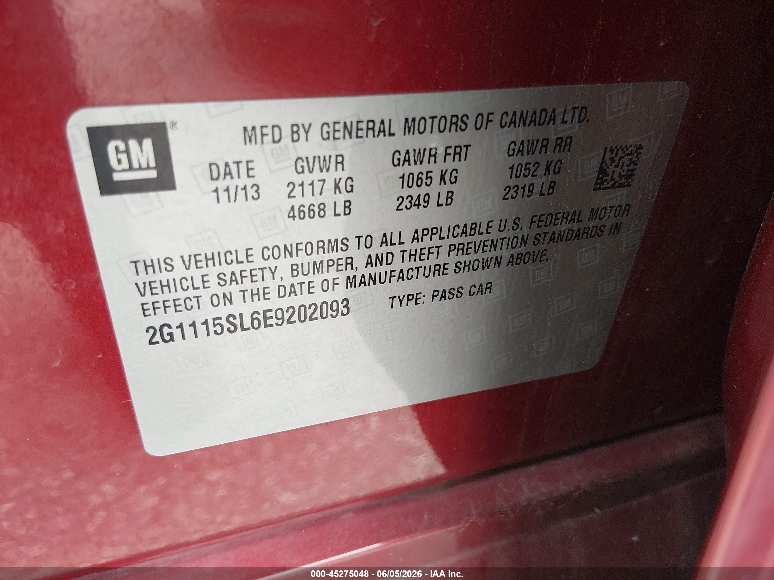 2014 Chevrolet Impala 1lt Red vin: 2G1115SL6E9202093