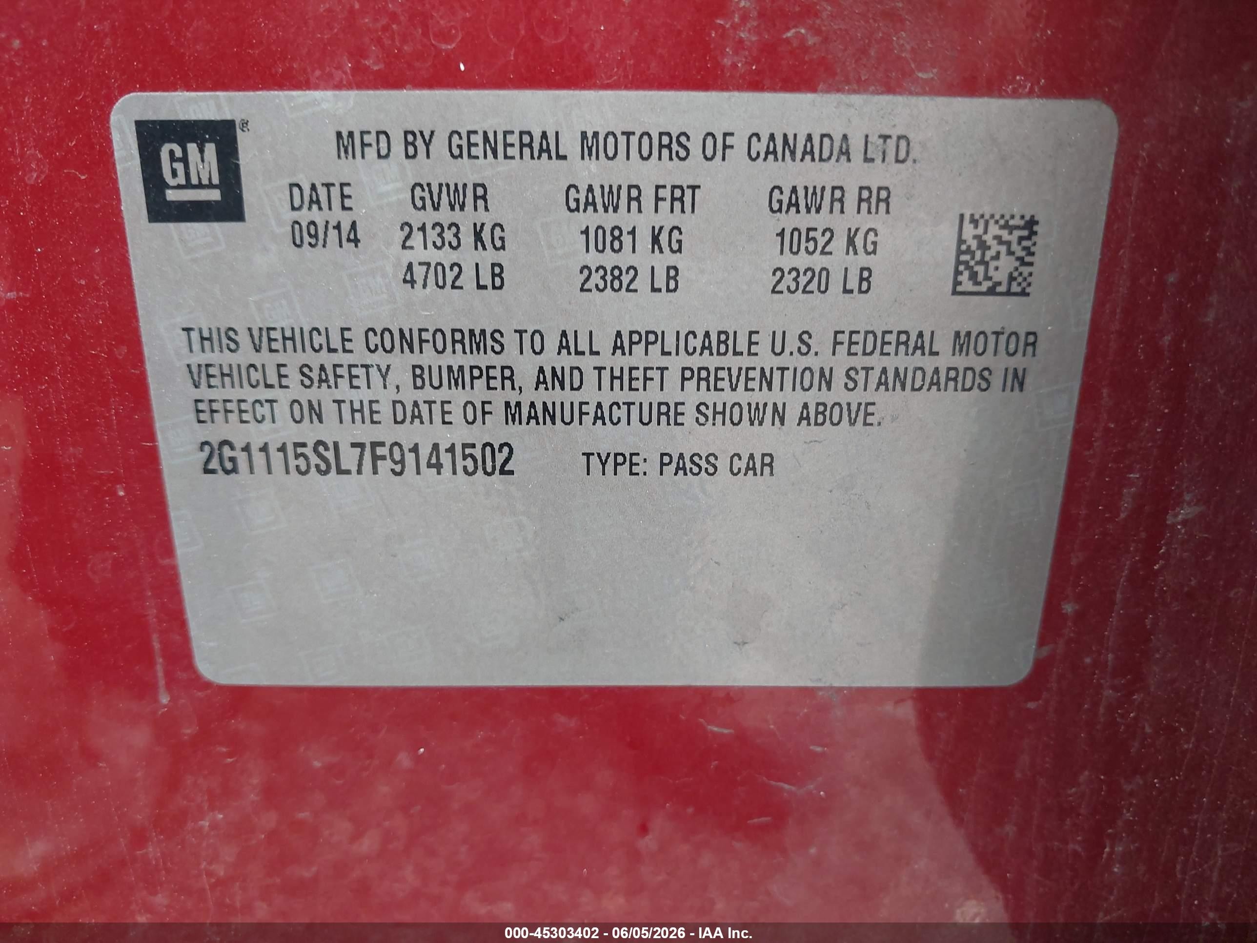 2015 Chevrolet Impala 1lt Red vin: 2G1115SL7F9141502