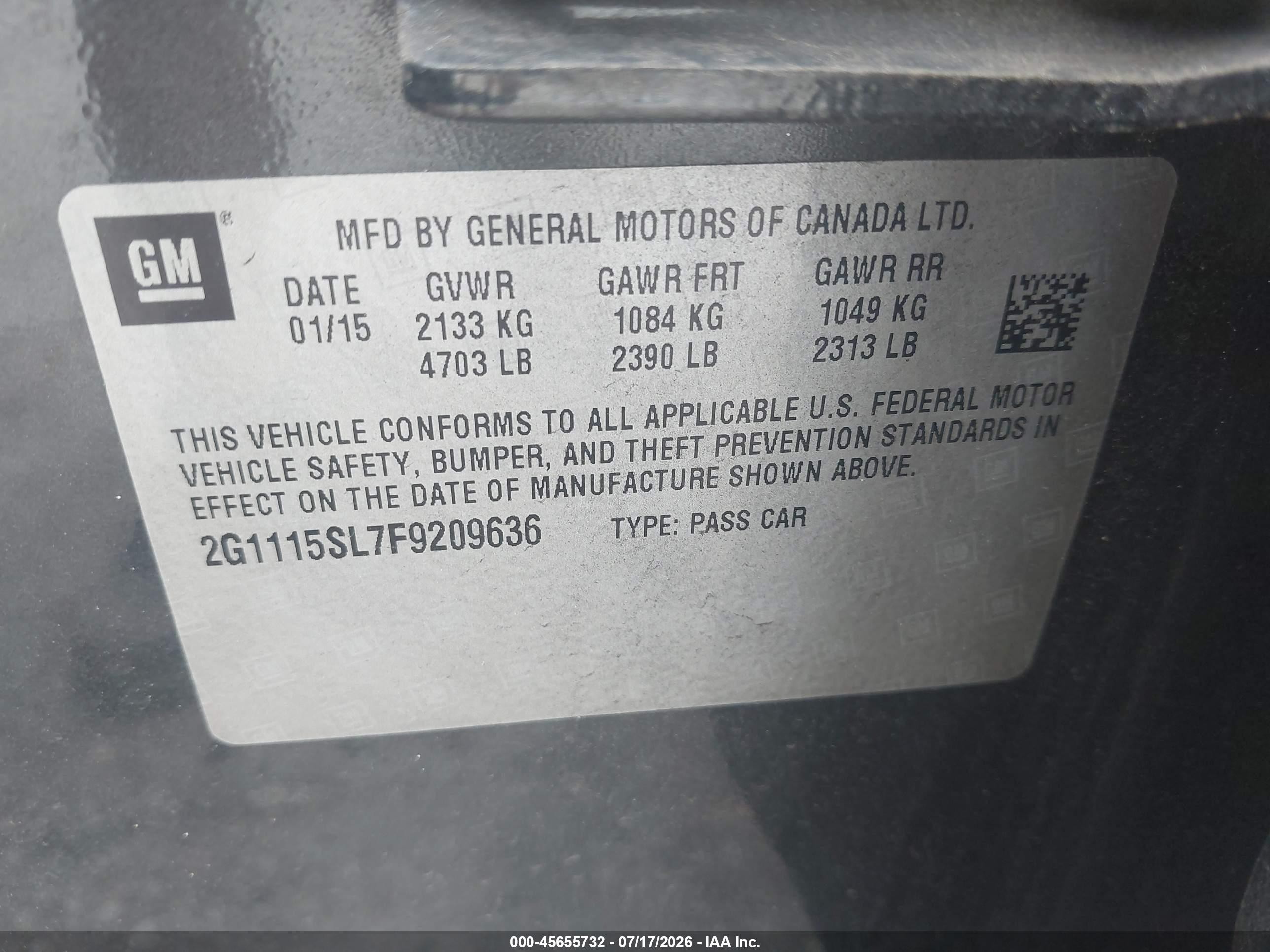 2015 Chevrolet Impala 1lt Серый vin: 2G1115SL7F9209636