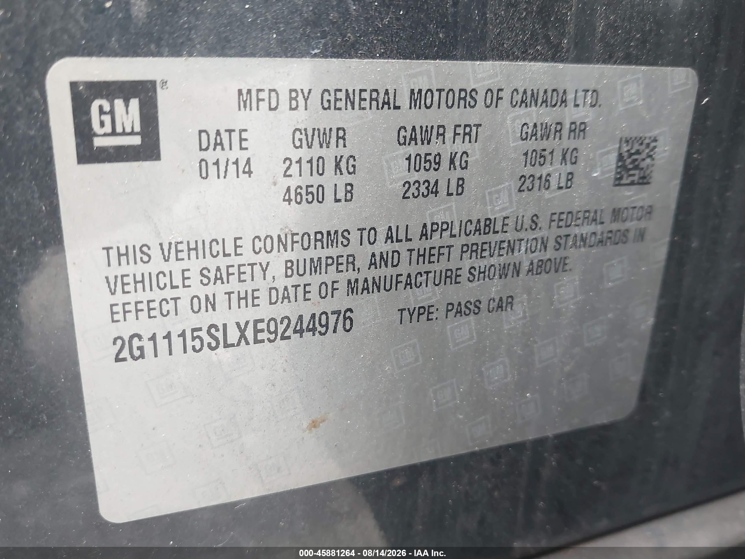 2014 Chevrolet Impala 1lt Gray vin: 2G1115SLXE9244976