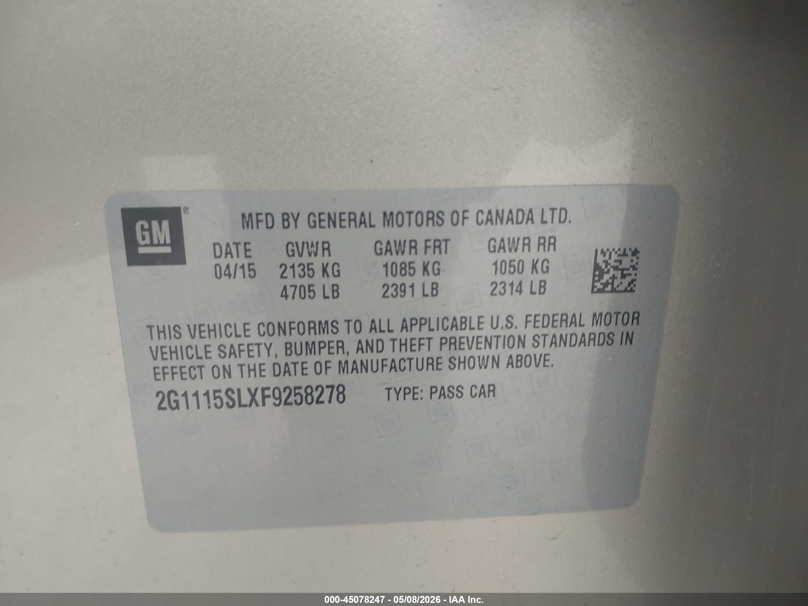 2015 Chevrolet Impala 1lt Gray vin: 2G1115SLXF9258278