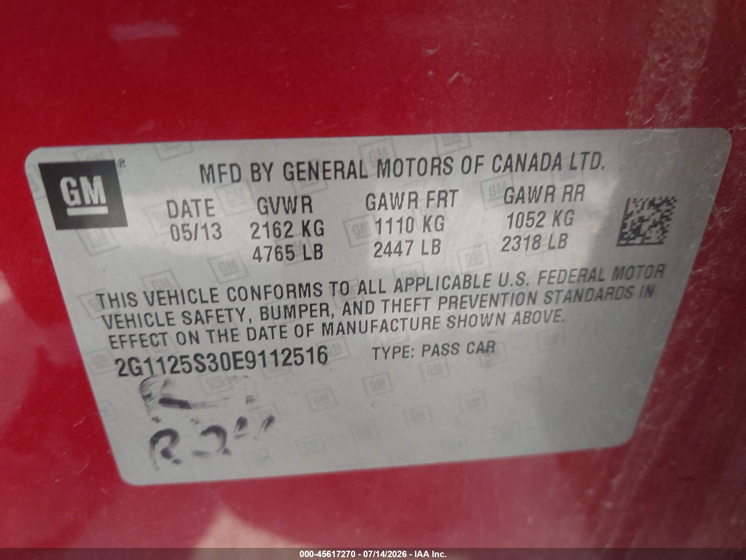 2014 Chevrolet Impala 2lt Red vin: 2G1125S30E9112516