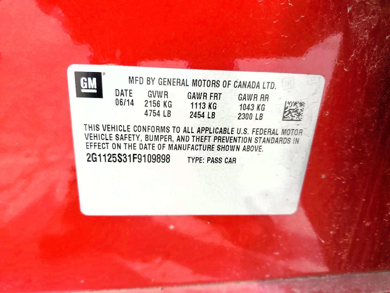 2015 Chevrolet Impala Lt Red vin: 2G1125S31F9109898