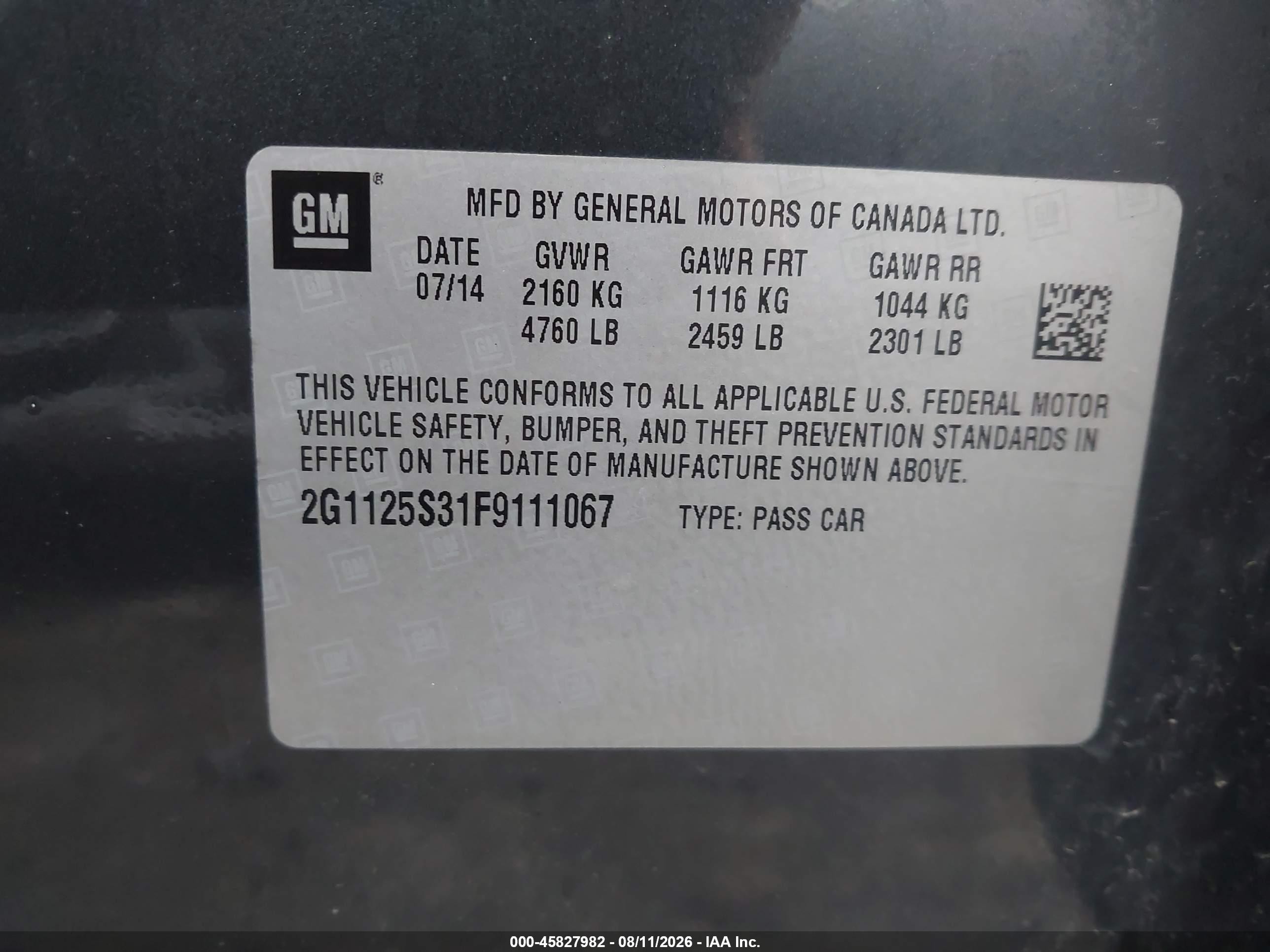 2015 Chevrolet Impala 2lt Gray vin: 2G1125S31F9111067