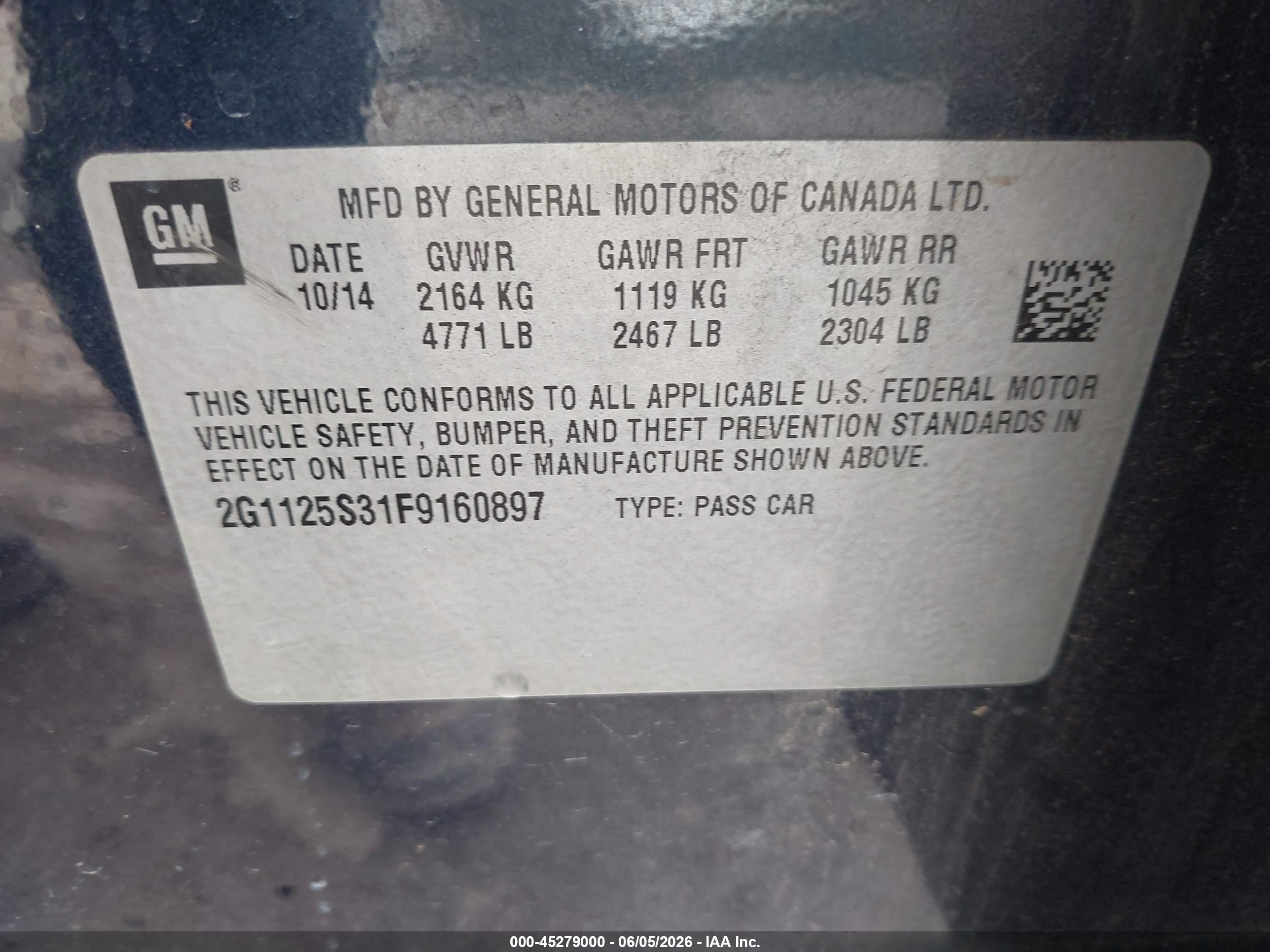 2015 Chevrolet Impala 2lt Blue vin: 2G1125S31F9160897