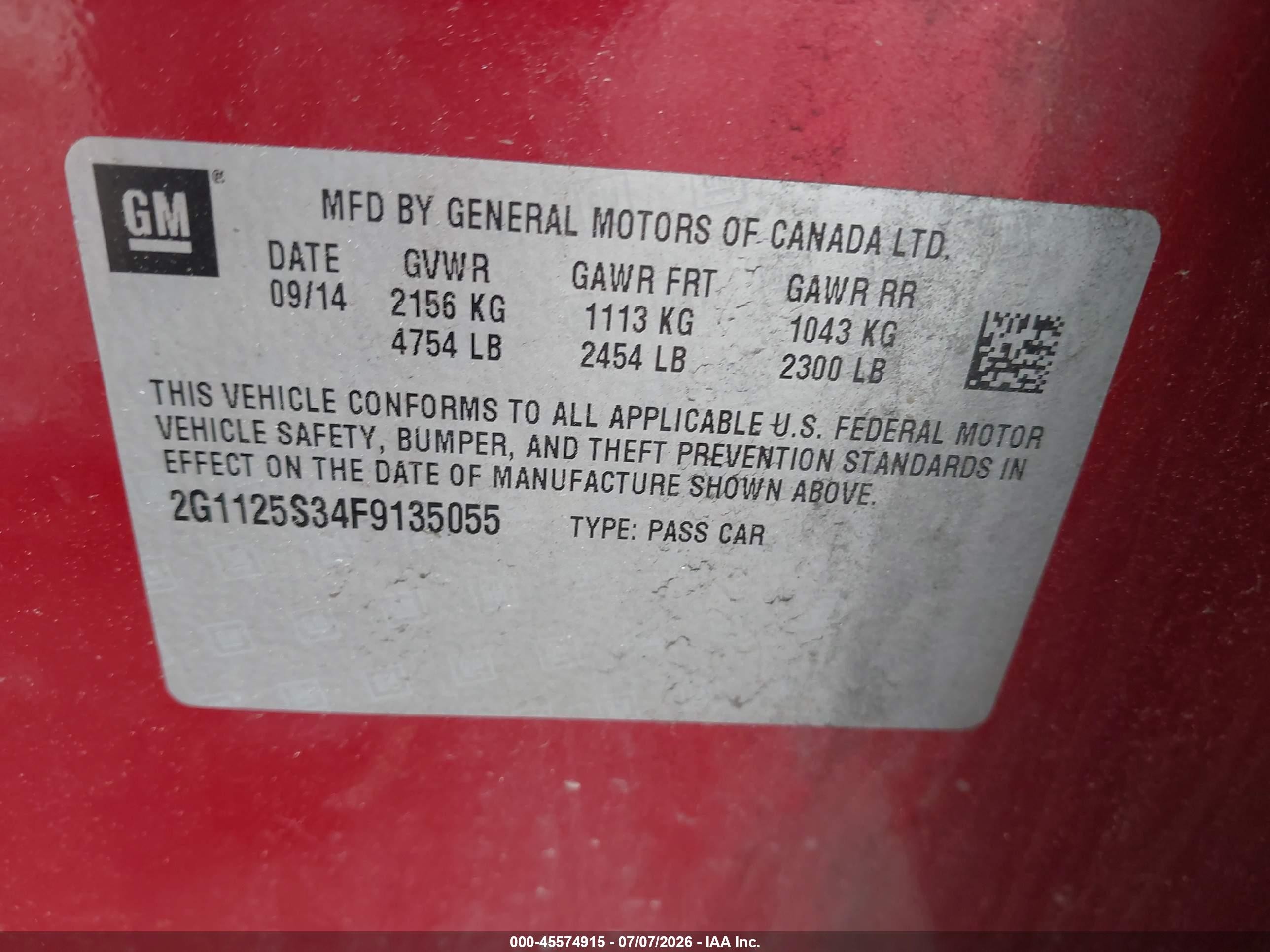 2015 Chevrolet Impala 2lt Red vin: 2G1125S34F9135055