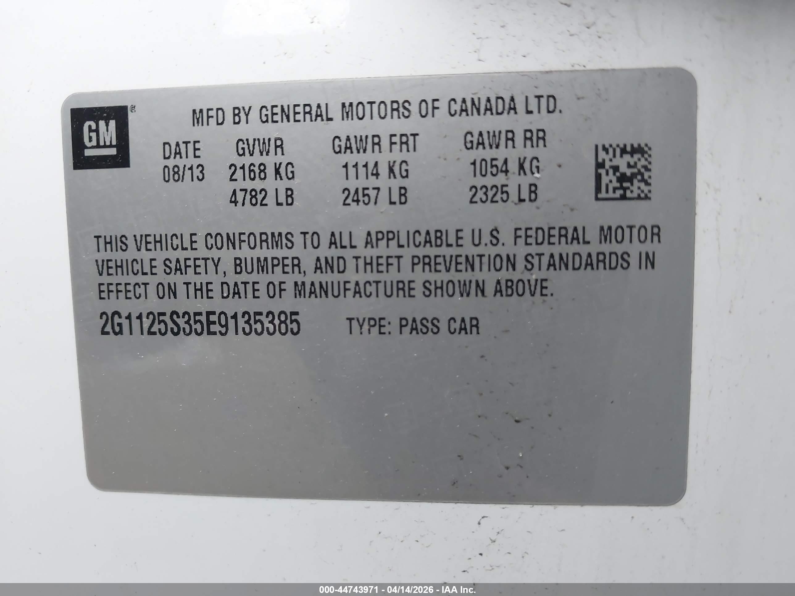 2014 Chevrolet Impala 2lt White vin: 2G1125S35E9135385