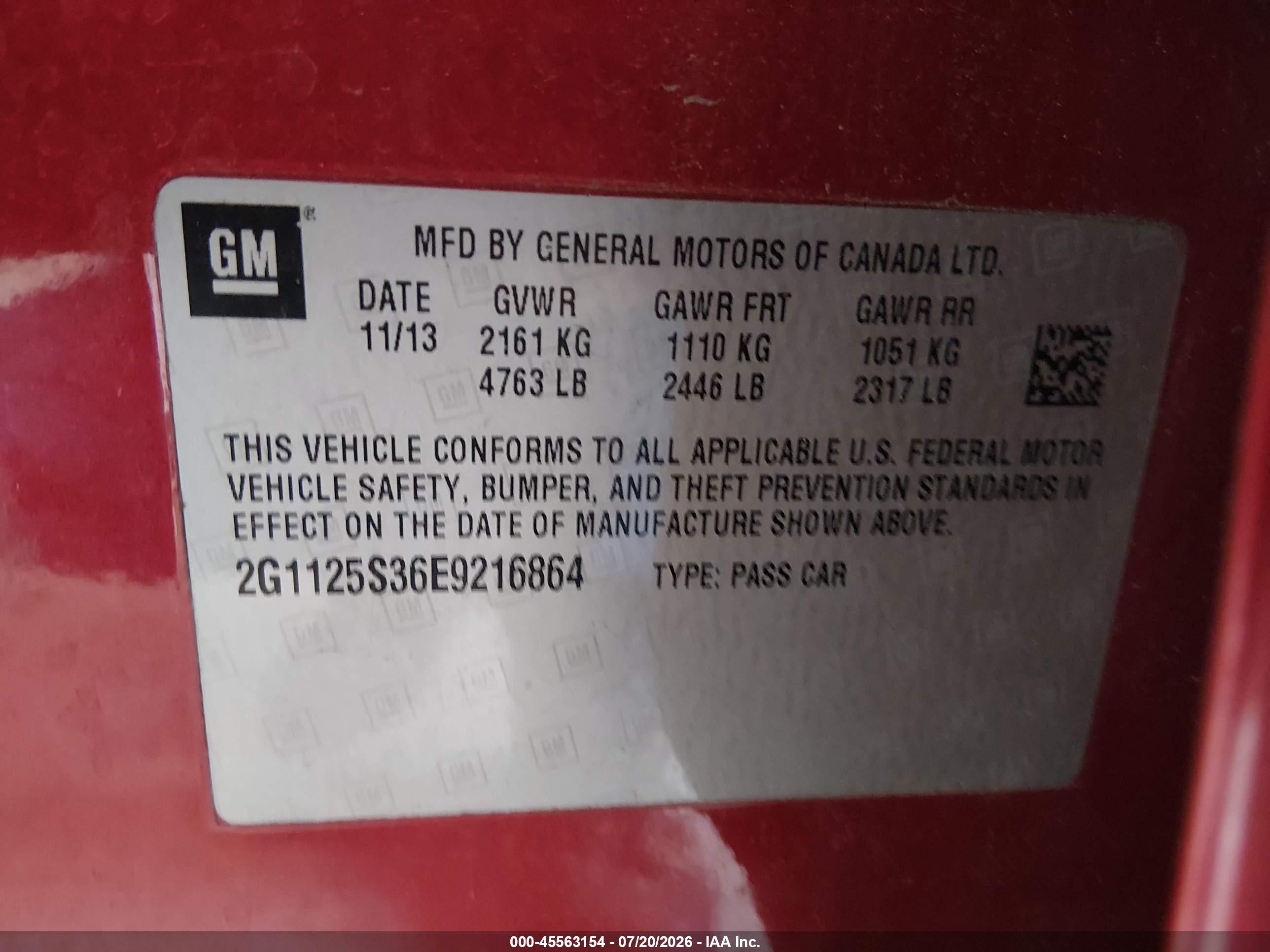 2014 Chevrolet Impala 2lt Red vin: 2G1125S36E9216864