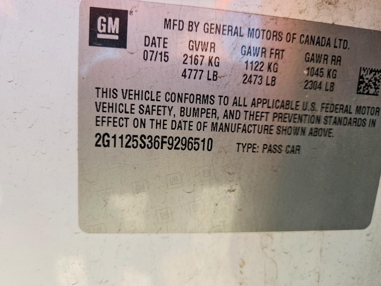2015 Chevrolet Impala Lt White vin: 2G1125S36F9296510