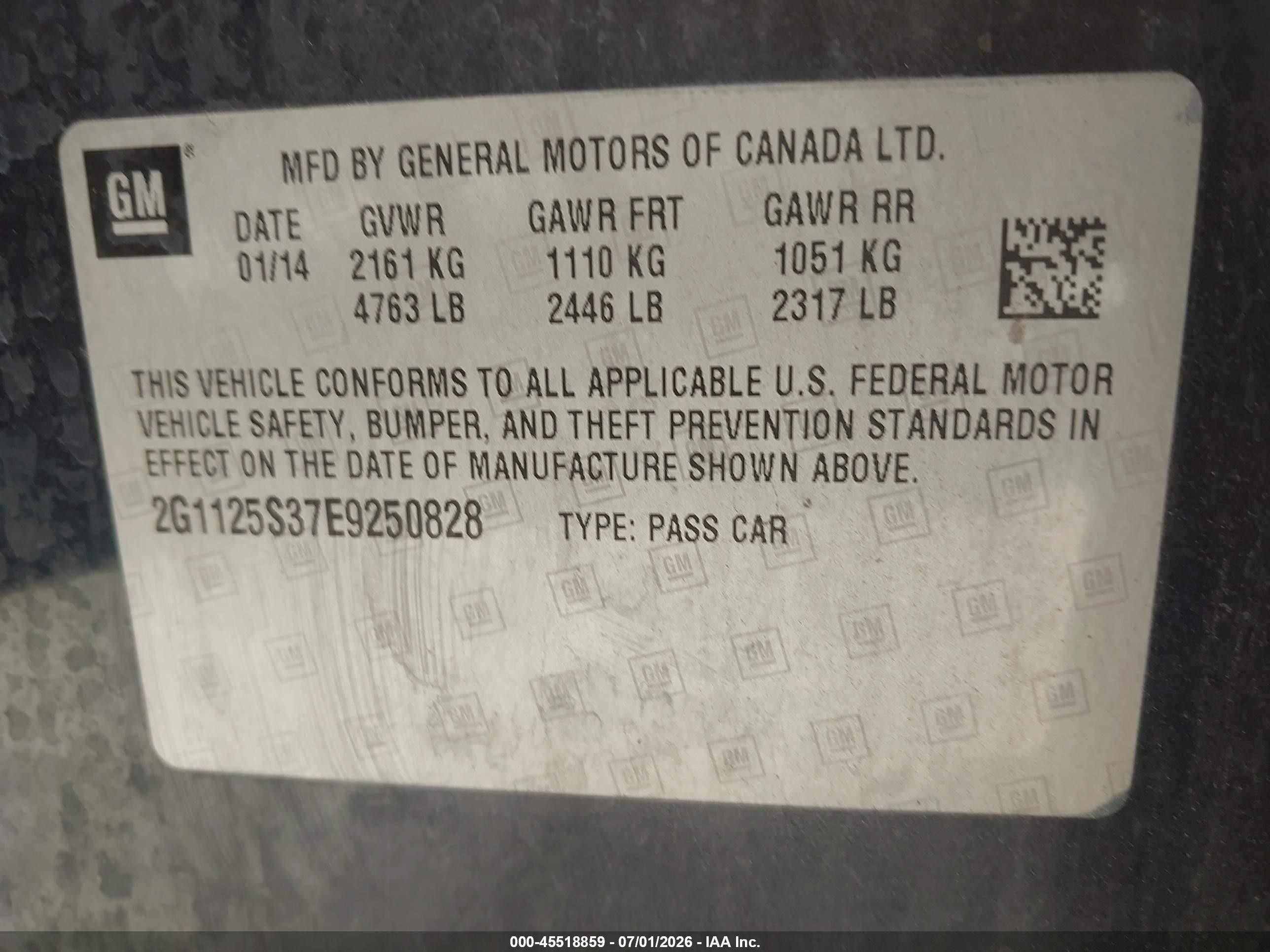 2014 Chevrolet Impala 2lt Blue vin: 2G1125S37E9250828