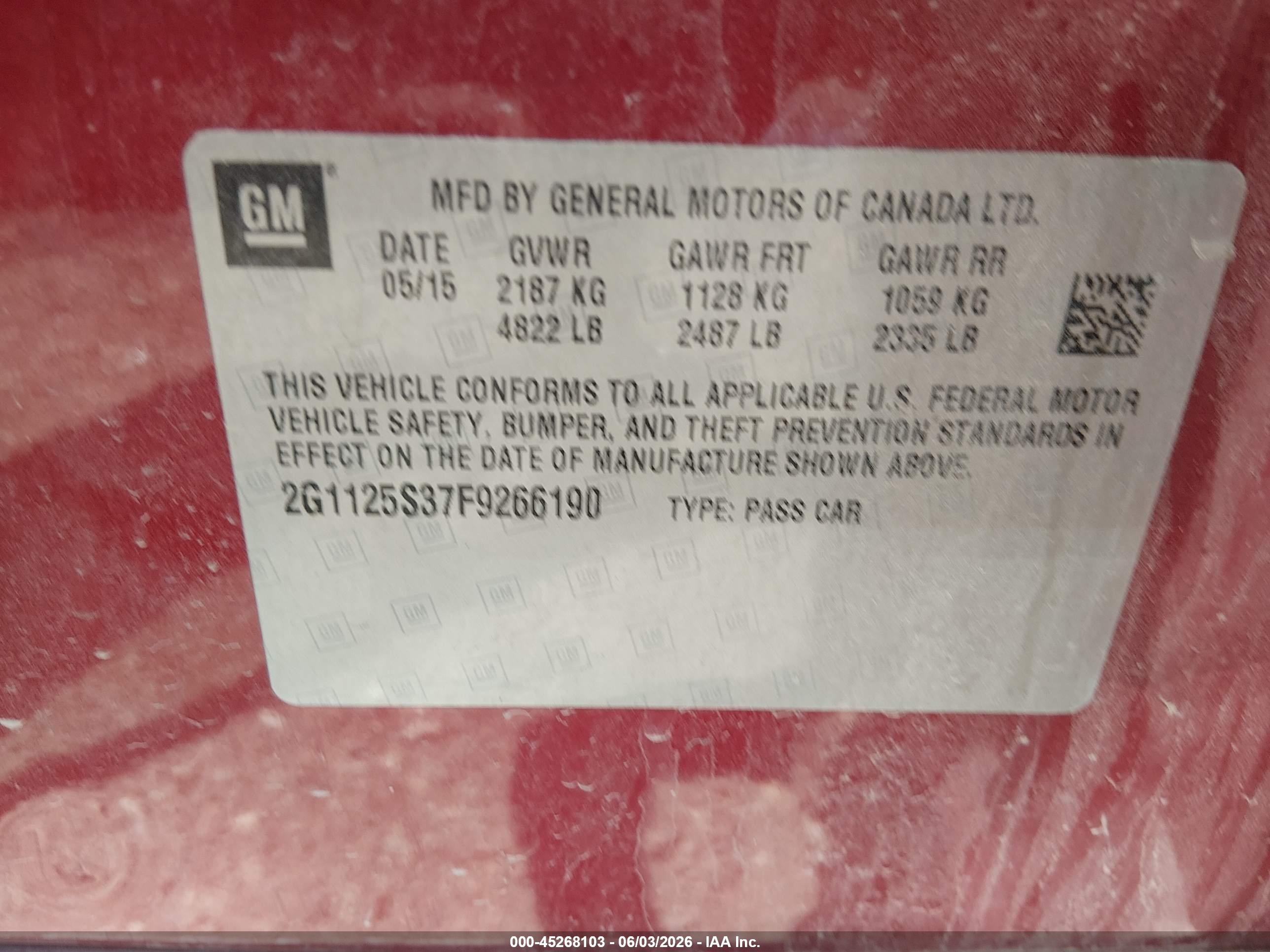 2015 Chevrolet Impala 2lt Red vin: 2G1125S37F9266190