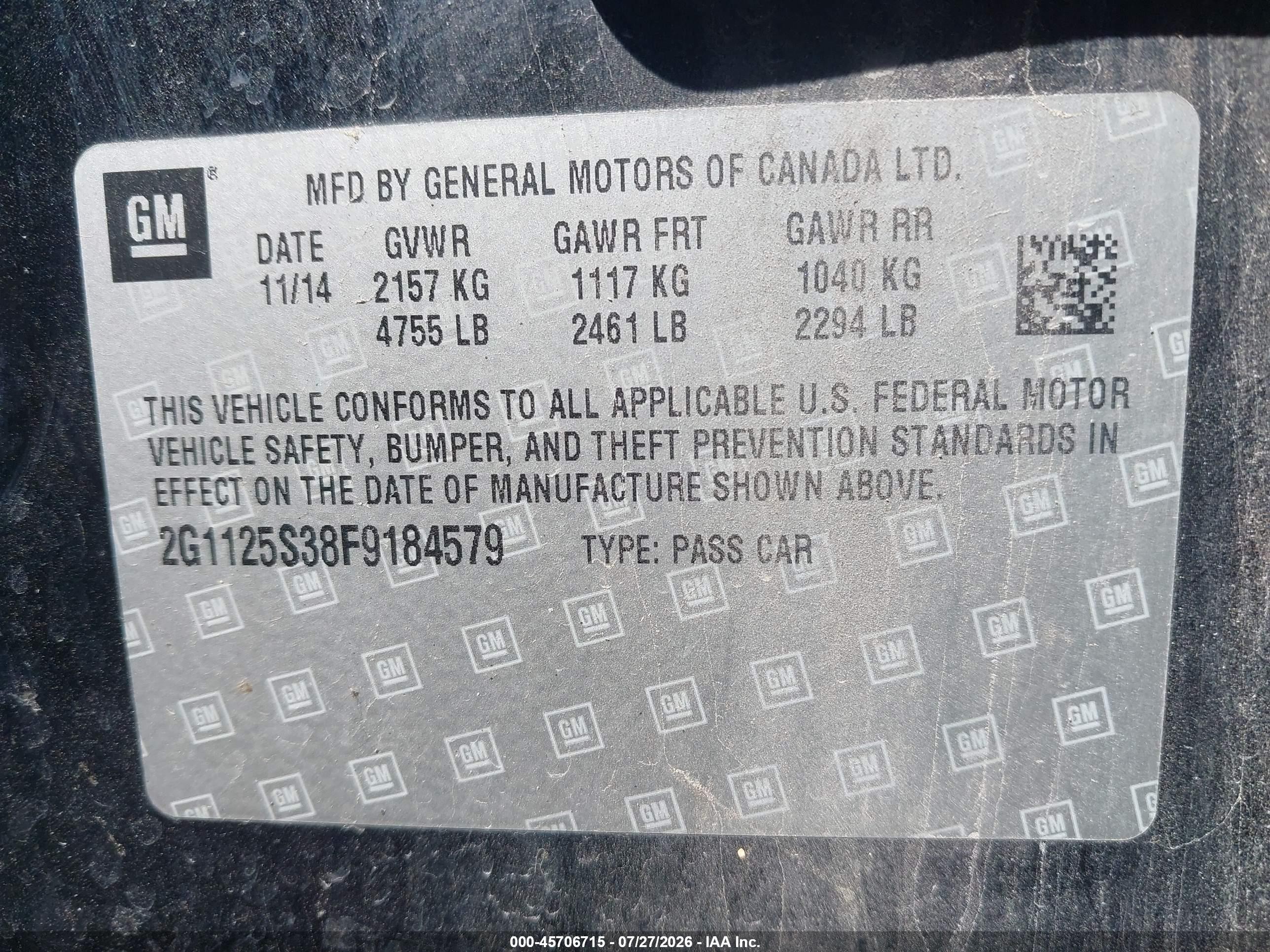 2015 Chevrolet Impala 2lt Черный vin: 2G1125S38F9184579