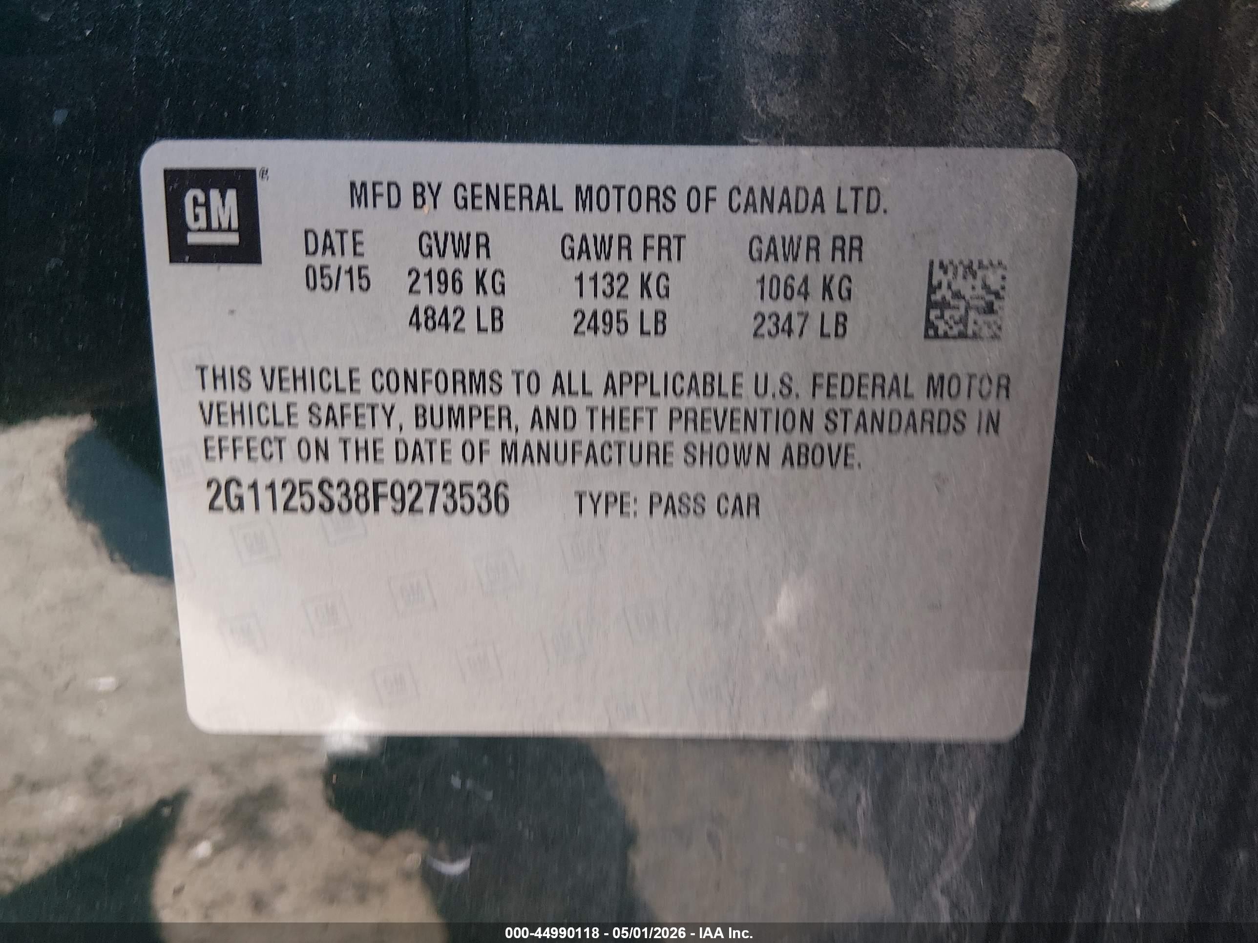 2015 Chevrolet Impala 2lt Зеленый vin: 2G1125S38F9273536