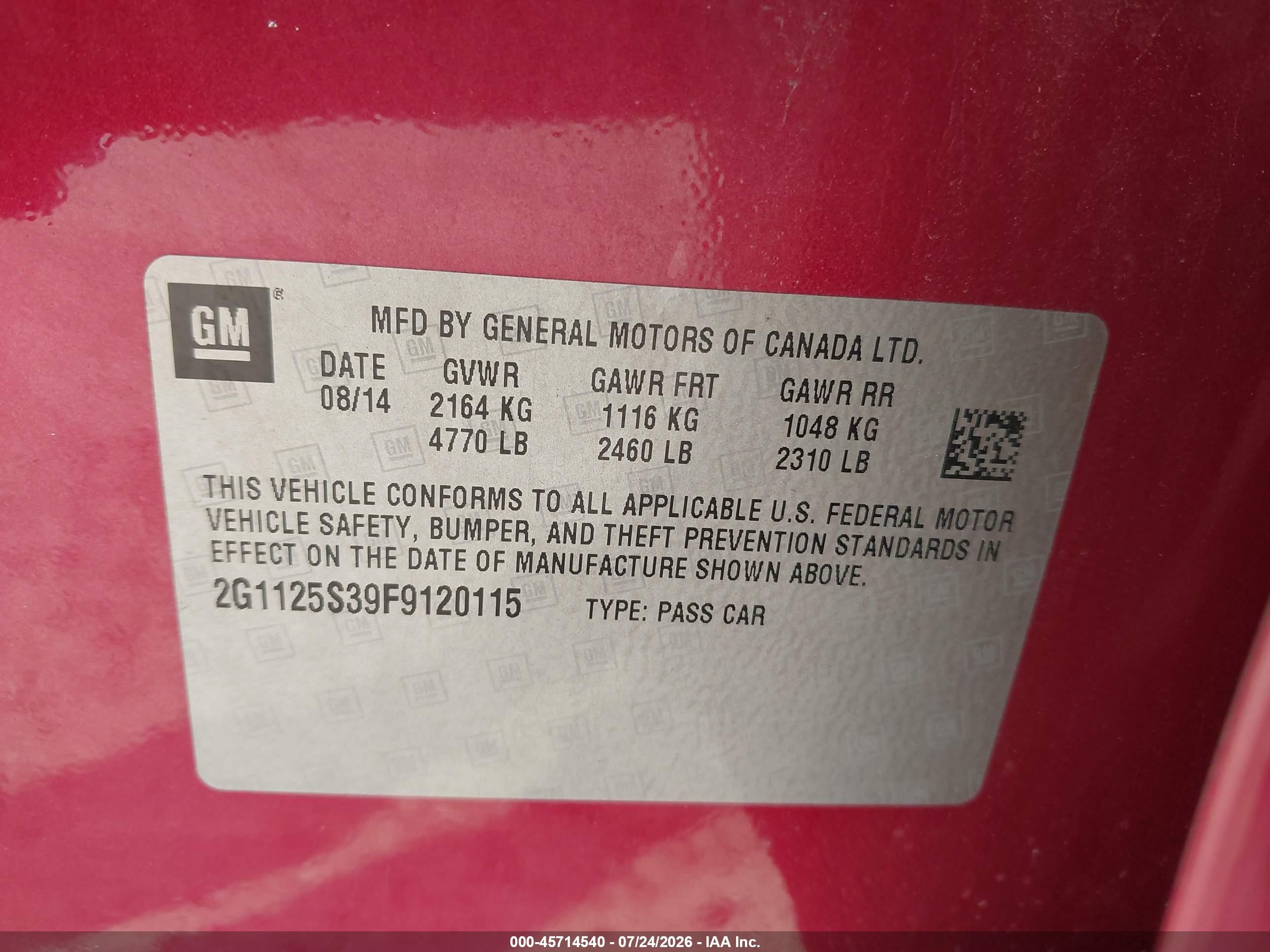 2015 Chevrolet Impala 2lt Red vin: 2G1125S39F9120115