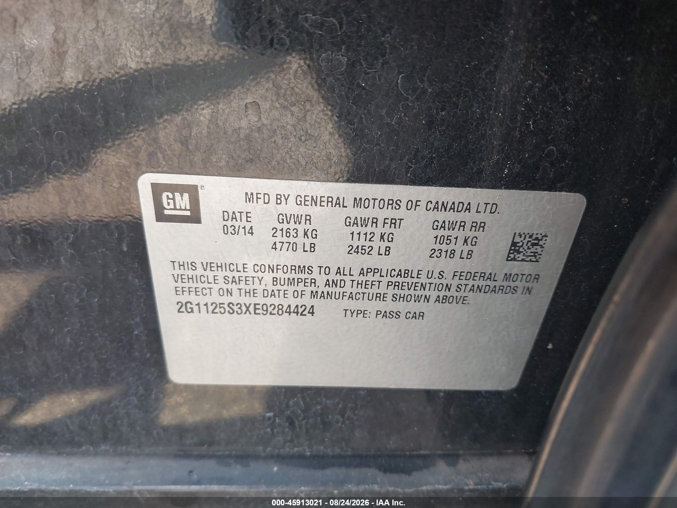 2014 Chevrolet Impala 2lt Черный vin: 2G1125S3XE9284424