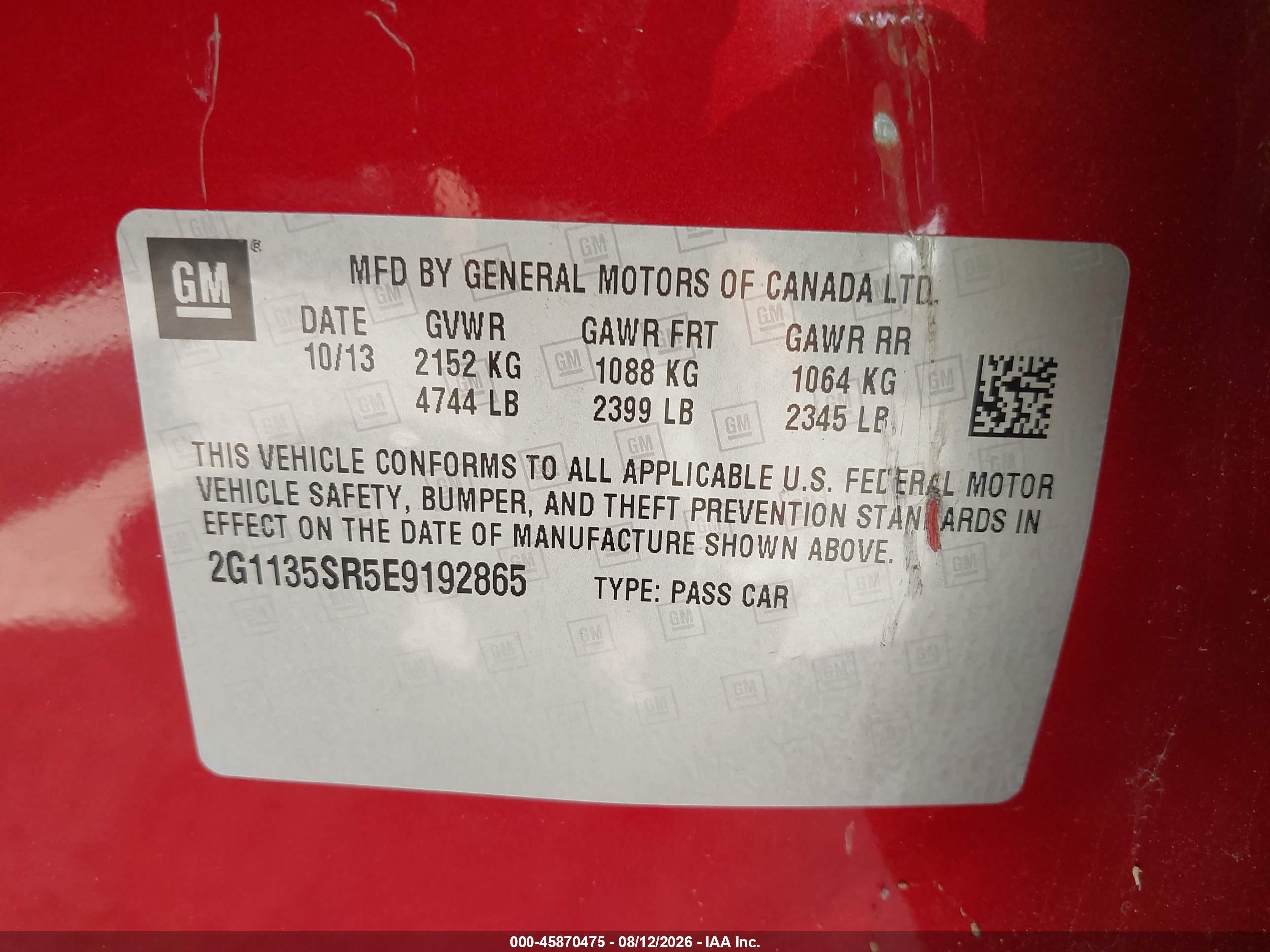 2014 Chevrolet Impala Lt Eco Red vin: 2G1135SR5E9192865