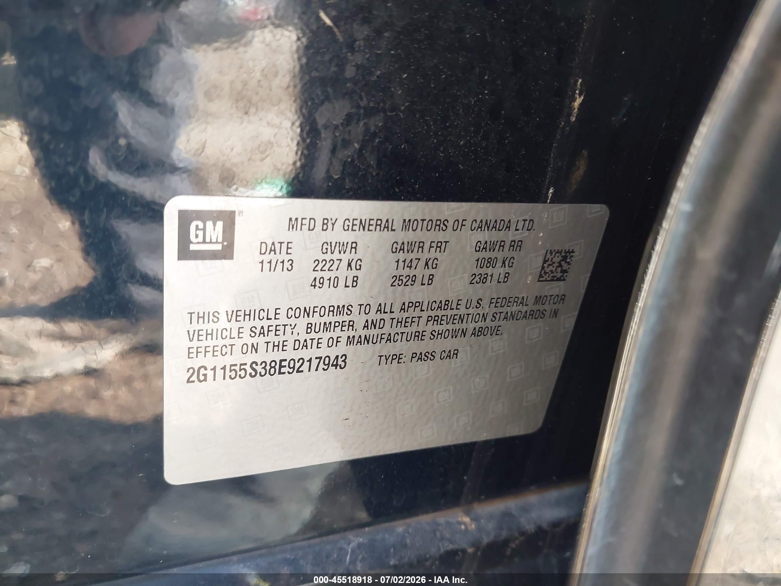 2014 Chevrolet Impala 2lz Black vin: 2G1155S38E9217943