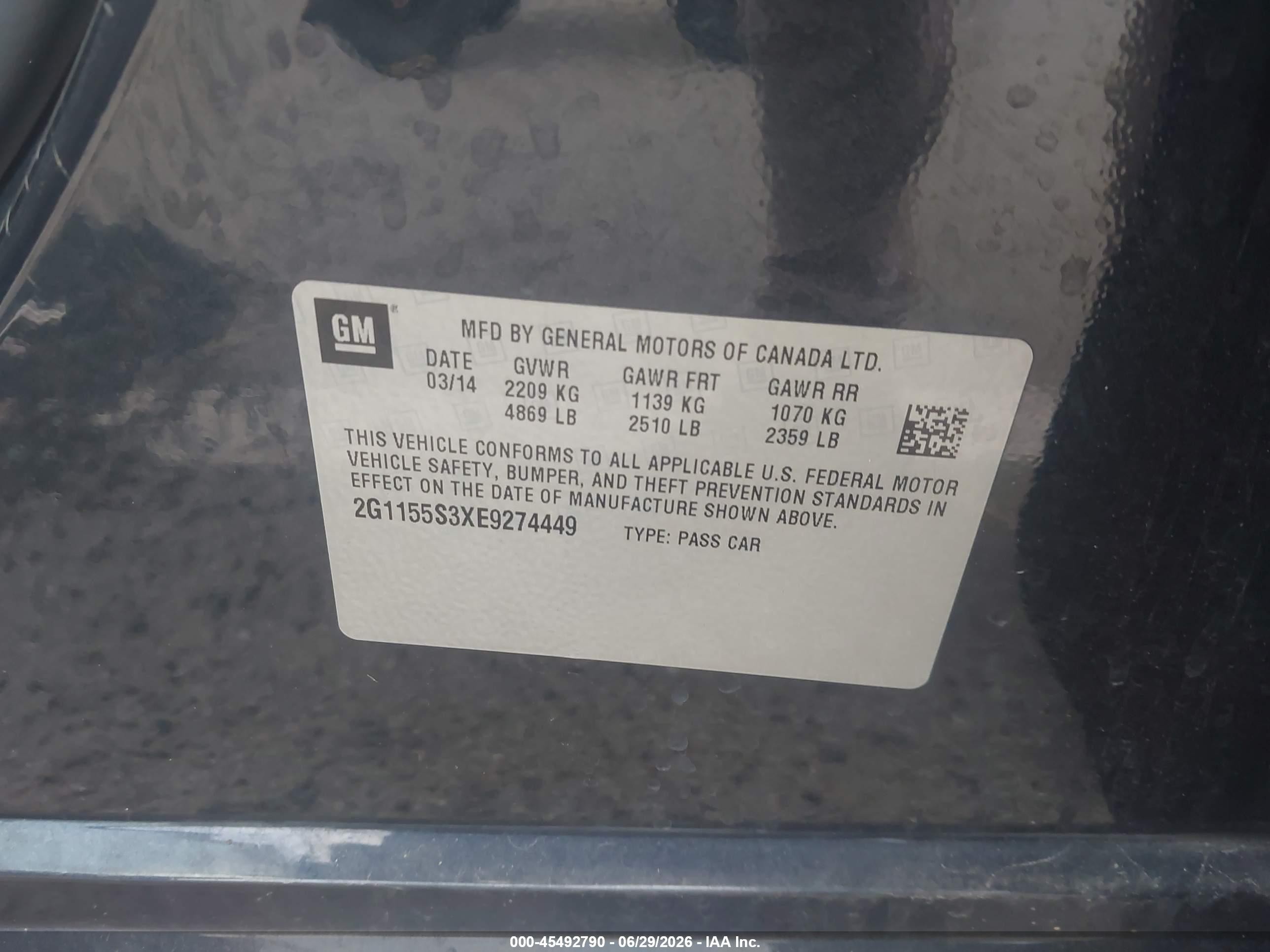 2014 Chevrolet Impala 2lz Black vin: 2G1155S3XE9274449