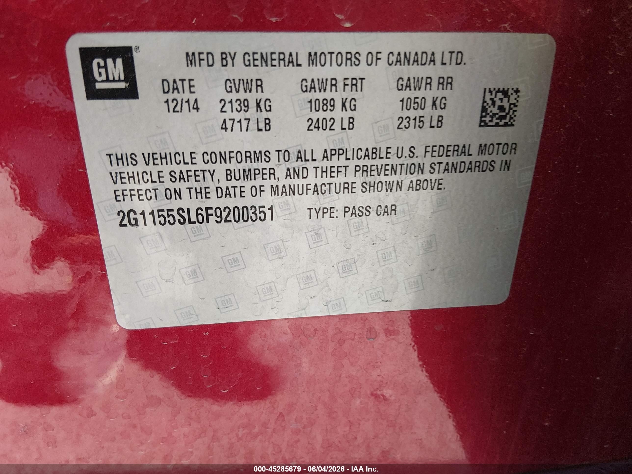 2015 Chevrolet Impala 1lz Red vin: 2G1155SL6F9200351