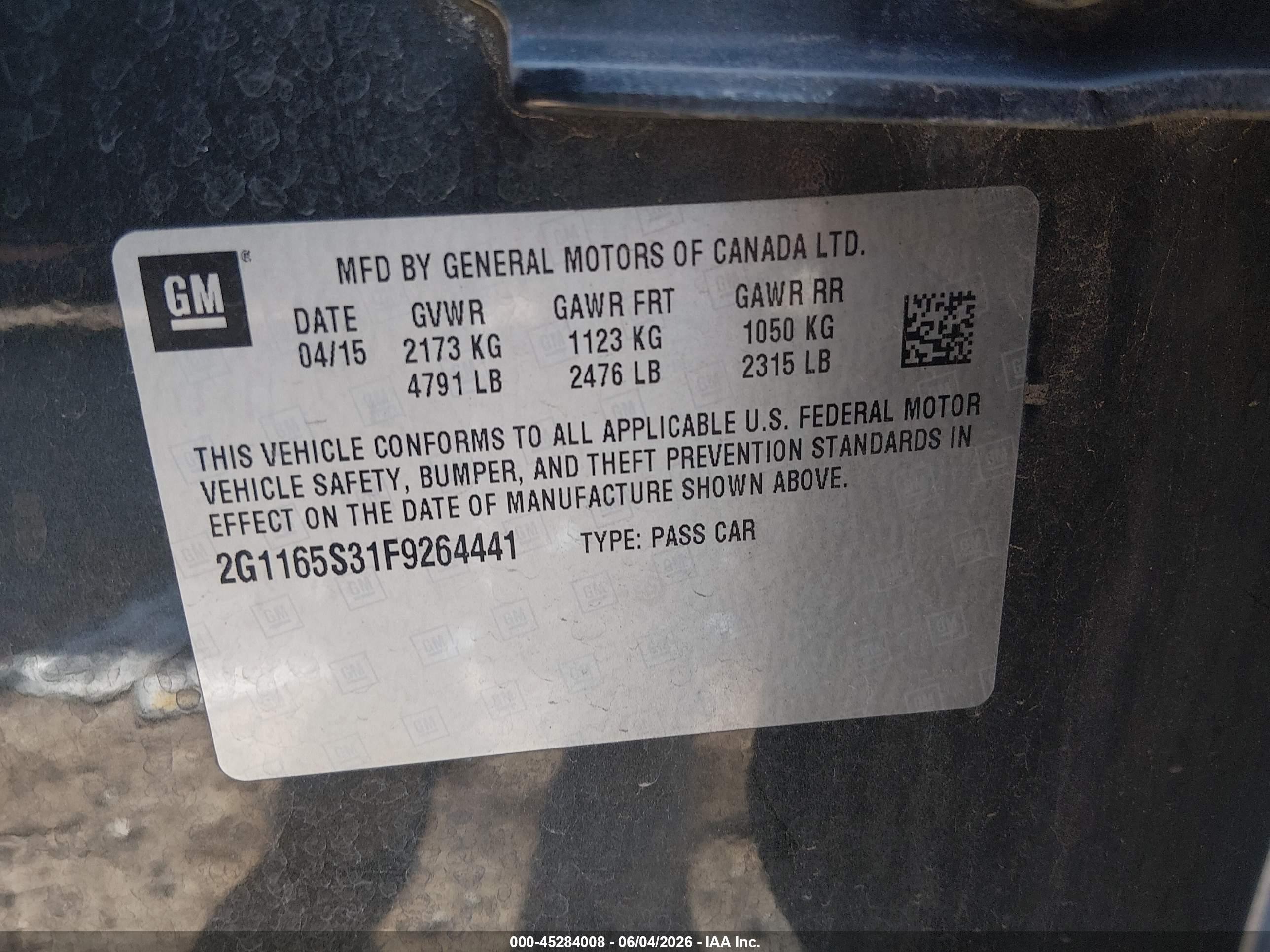 2015 Chevrolet Impala 2lz Серый vin: 2G1165S31F9264441