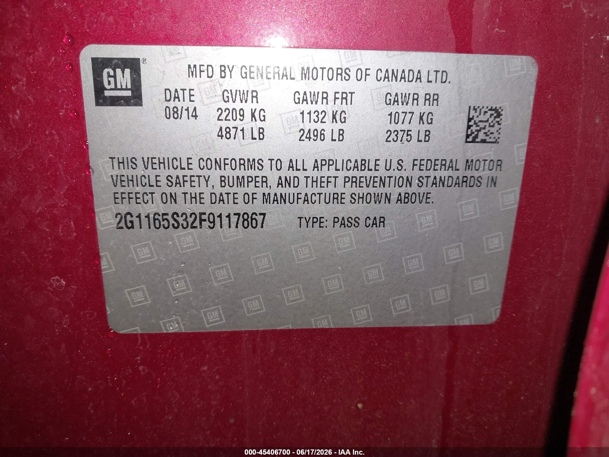 2015 Chevrolet Impala 2lz Red vin: 2G1165S32F9117867
