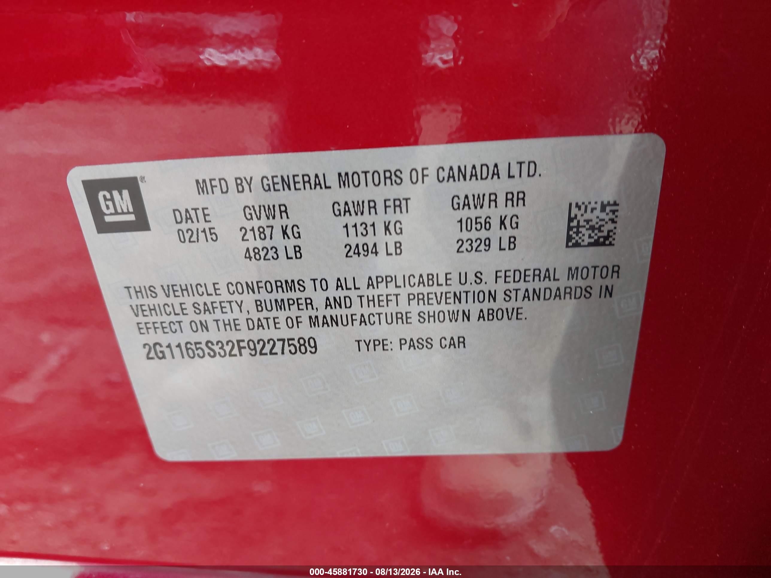 2015 Chevrolet Impala 2lz Red vin: 2G1165S32F9227589