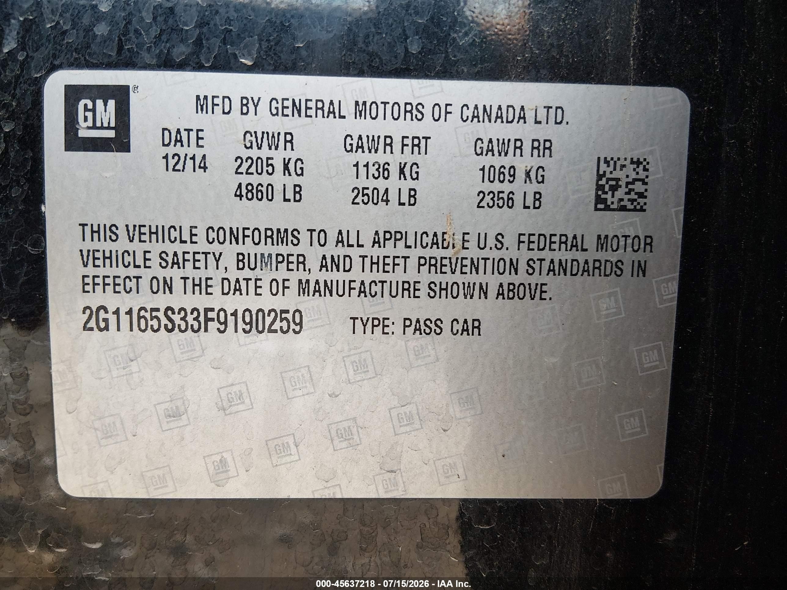 2015 Chevrolet Impala 2lz Black vin: 2G1165S33F9190259