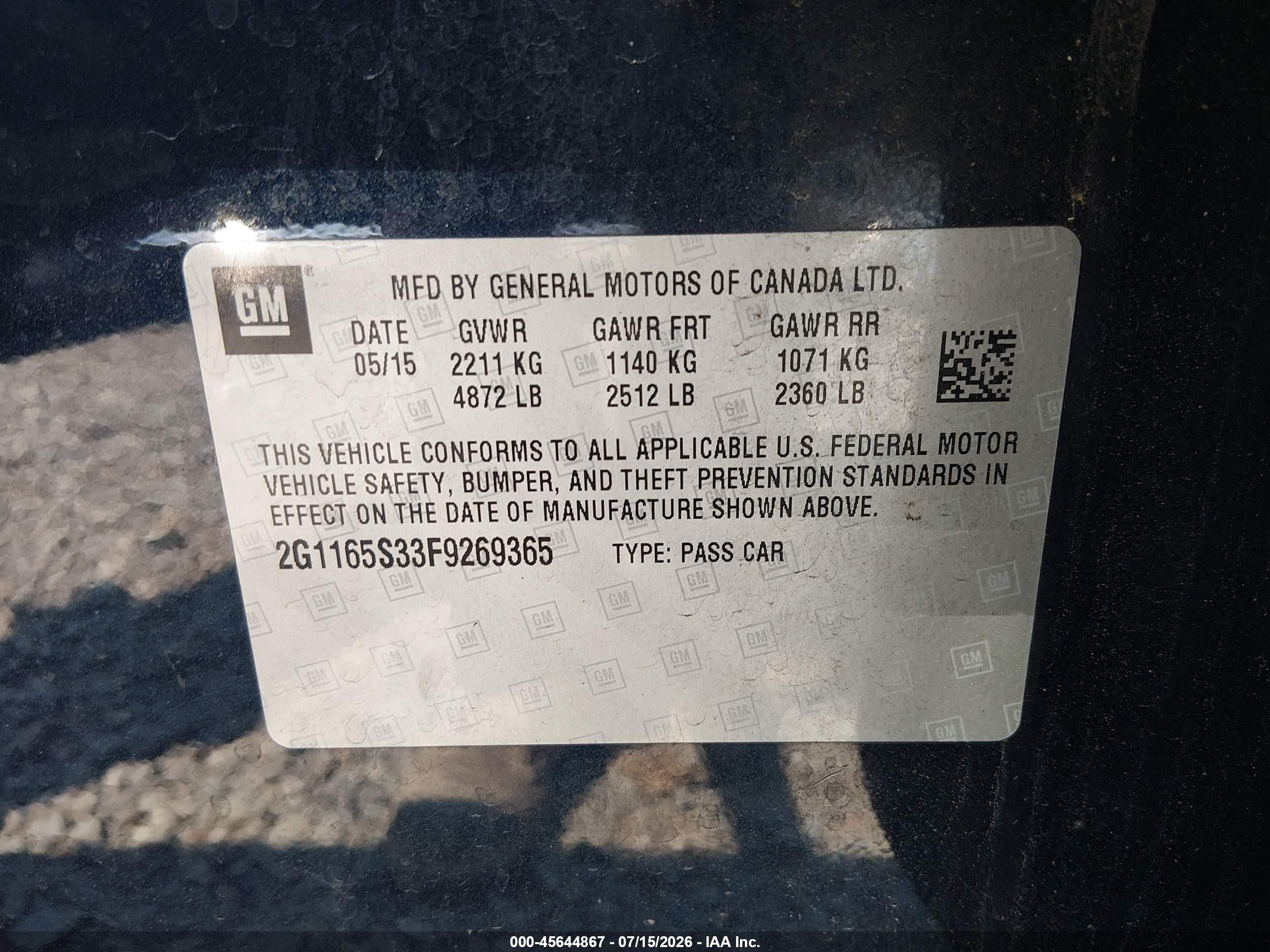 2015 Chevrolet Impala 2lz Blue vin: 2G1165S33F9269365